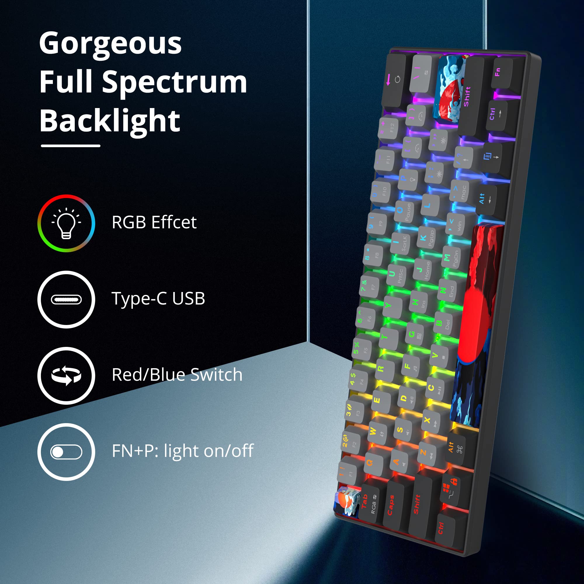 SOLIDEE tastiera da gioco meccanica al 60%,tastiera cablata compatta retroilluminata a LED RGB a 61 tasti con cavo USB di tipo C rimovibile,tastiera da con interruttore rosso lineare per Win(61 Dolch) - 4