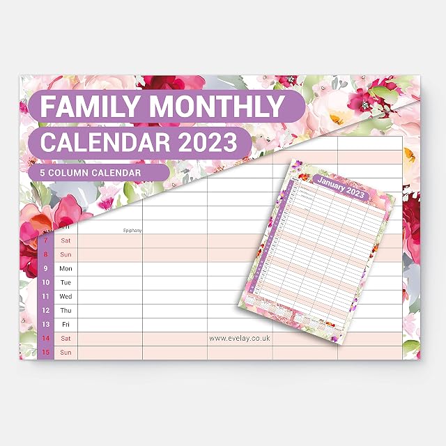 2023 A3 Wall Calendar 5 Columns Family Monthly Planner Staff Rota Family Organiser Month per View Flowers