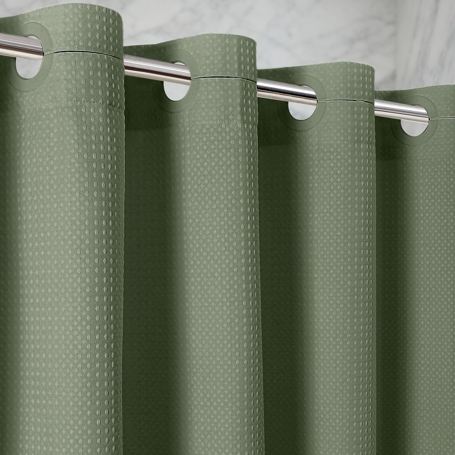 Waterproof No Hooks Waffle Shower Curtain, 260GSM Heavy Duty Fabric, with 10 Durable Split Grommets, Luxury Hotel Spa Style for Bathroom, Machine Washable, 74 x 72 Standard Size, Green