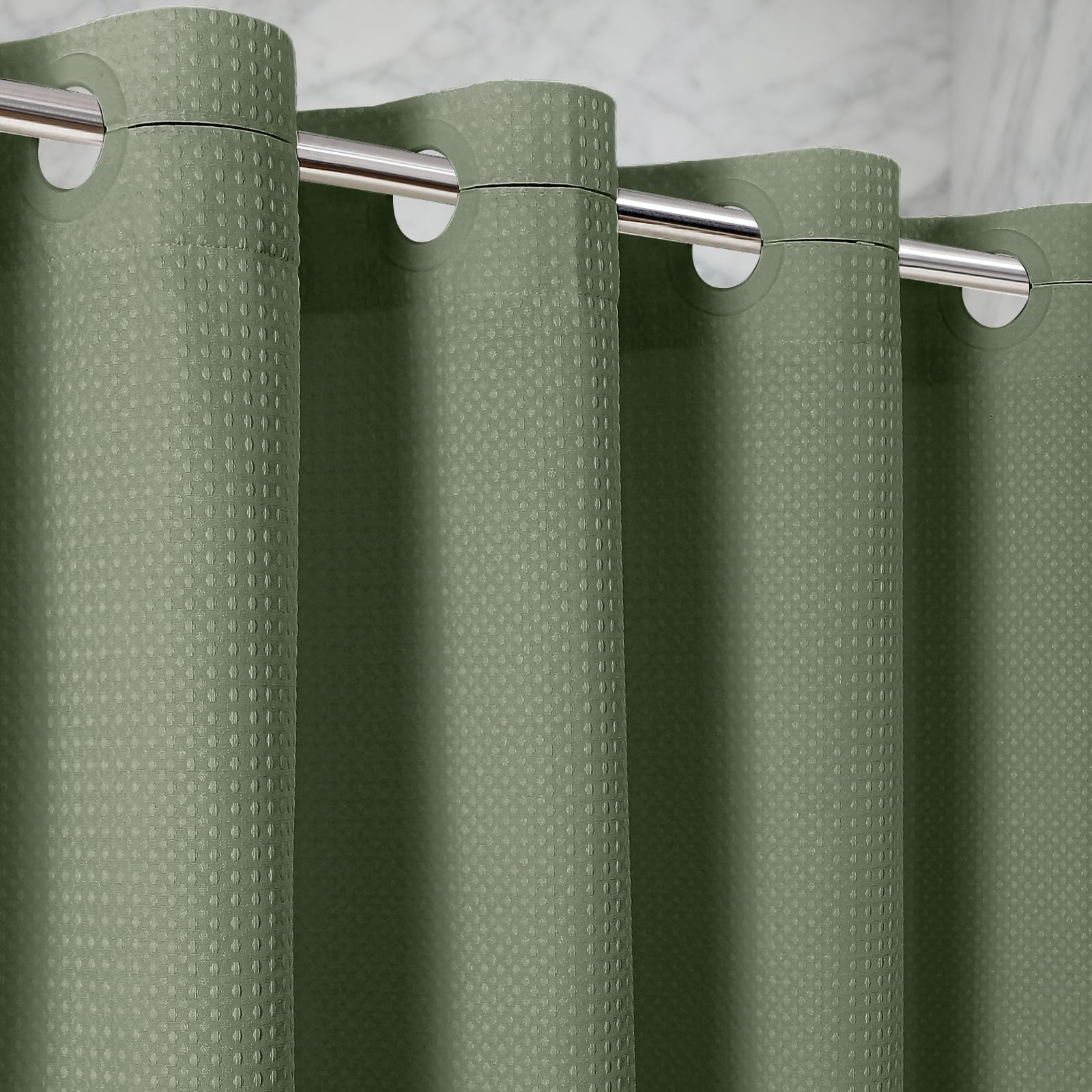 Zemyovia Waterproof No Hooks Waffle Shower Curtain, 260GSM Heavy Duty Fabric, 180 x 190 cm, Luxury Hotel Spa Style for Bathroom, Machine Washable, with 10 Durable Split Grommets, Standard Size, Green