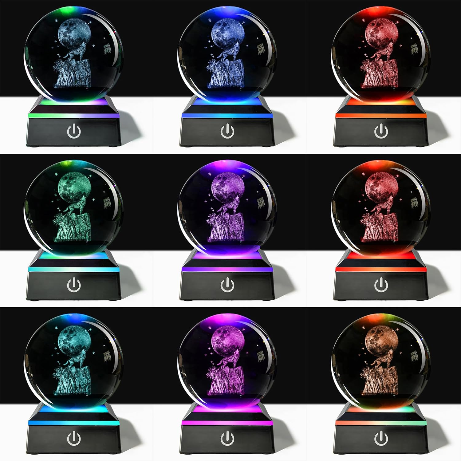 3D Crystal Ball Wolf Moon Night Light with Variable-Color Light Base, a Popular Gift for Holidays and Birthdays, Glass Balls Suitable for Home and Office Decoration (3.14 Inches)