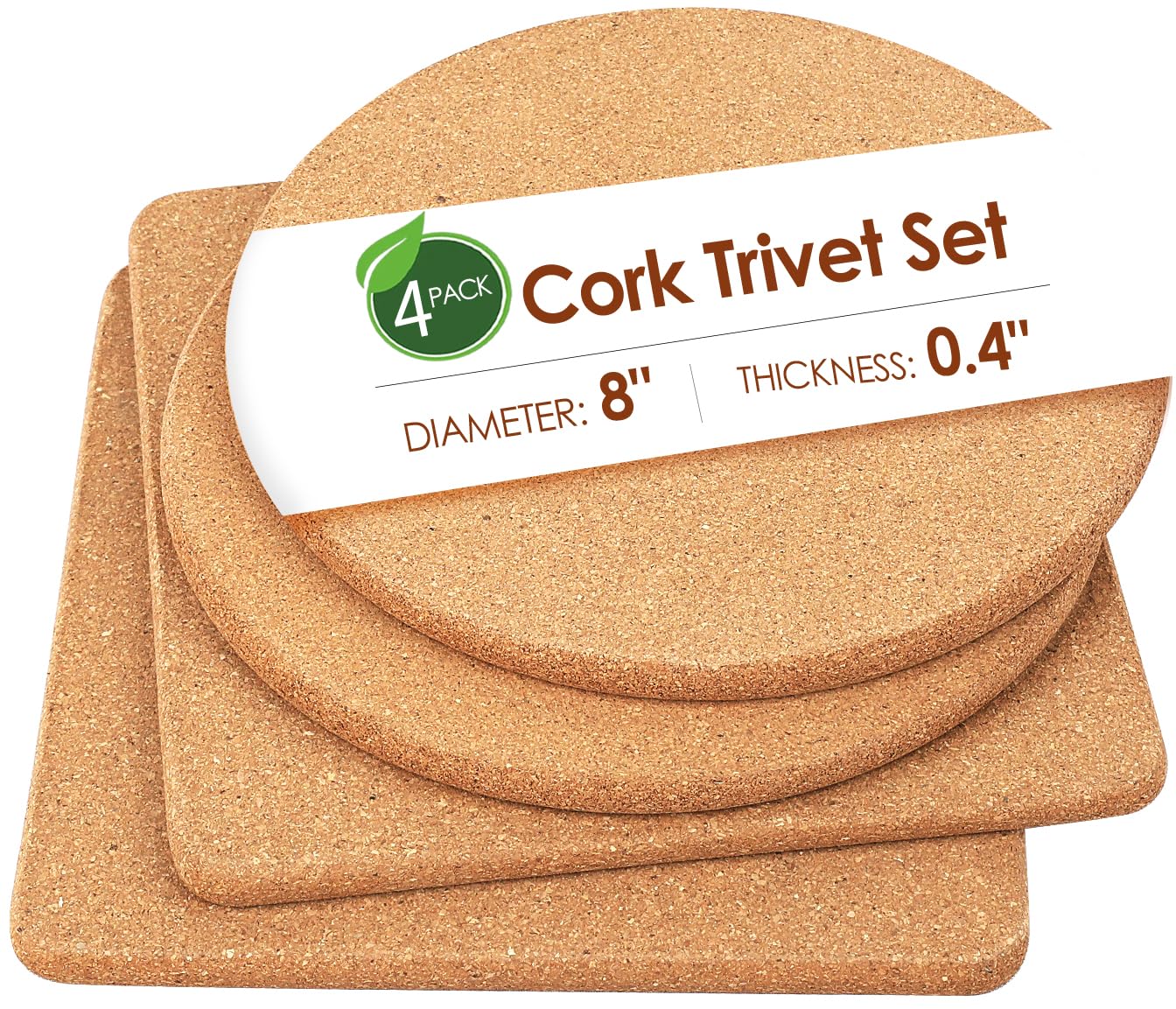 Cork Trivet Set - High Density Thick Cork Trivets for Hot Dishes, 8 Inch Heat Resistant Coaster, Placemats for Pots and Pans, 2 Round &amp; 2 Square