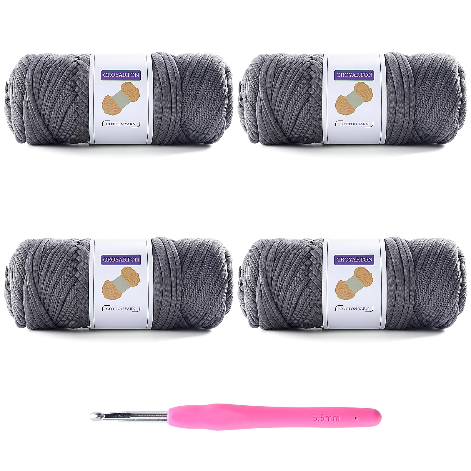 4 Pack Tshirt Yarn for Crocheting, Elastic T Shirt Spaghetti Thick Knitting Yarn Total Length 260 Yds for Crochet Bag Baskets Home Decor with 1 Crochet Hook (4-Dark Gray)
