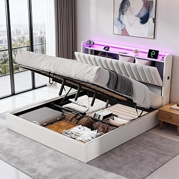 Double Bed Frame with Storage, 4ft6 Ottoman Bed Frame with Headboard & Hydraulic, Upholstered Bed with LED-Lighting & Charging-Station, PU, 135x190cm, White, No Mattress White, 135 x 190 cm