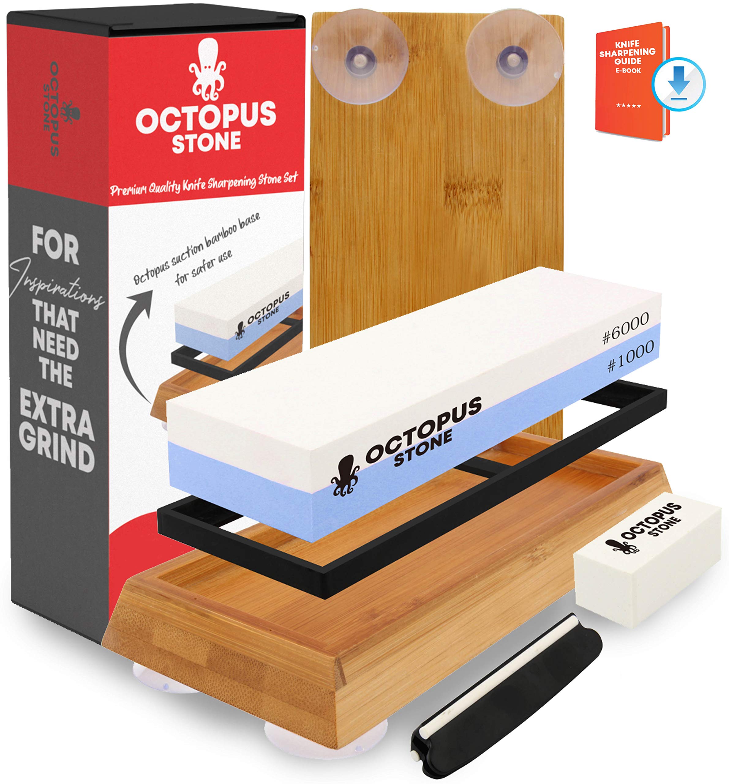 Whetstone Knife Sharpener Kit by Octopus, Complete Whetstone Knife Sharpening Kit, Premium Quality 1000/6000 Whetstone
