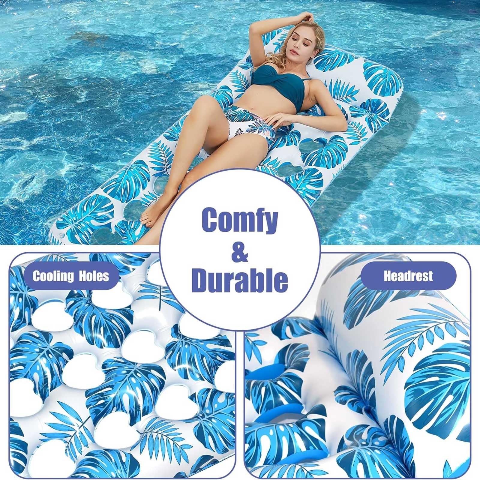 Hamac de piscine gonflable 4 en 1, chaise longue flottante avec appuie-tête, en PVC, 165 × 83 cm, parfait pour l'été, la plage et la piscine relaxation