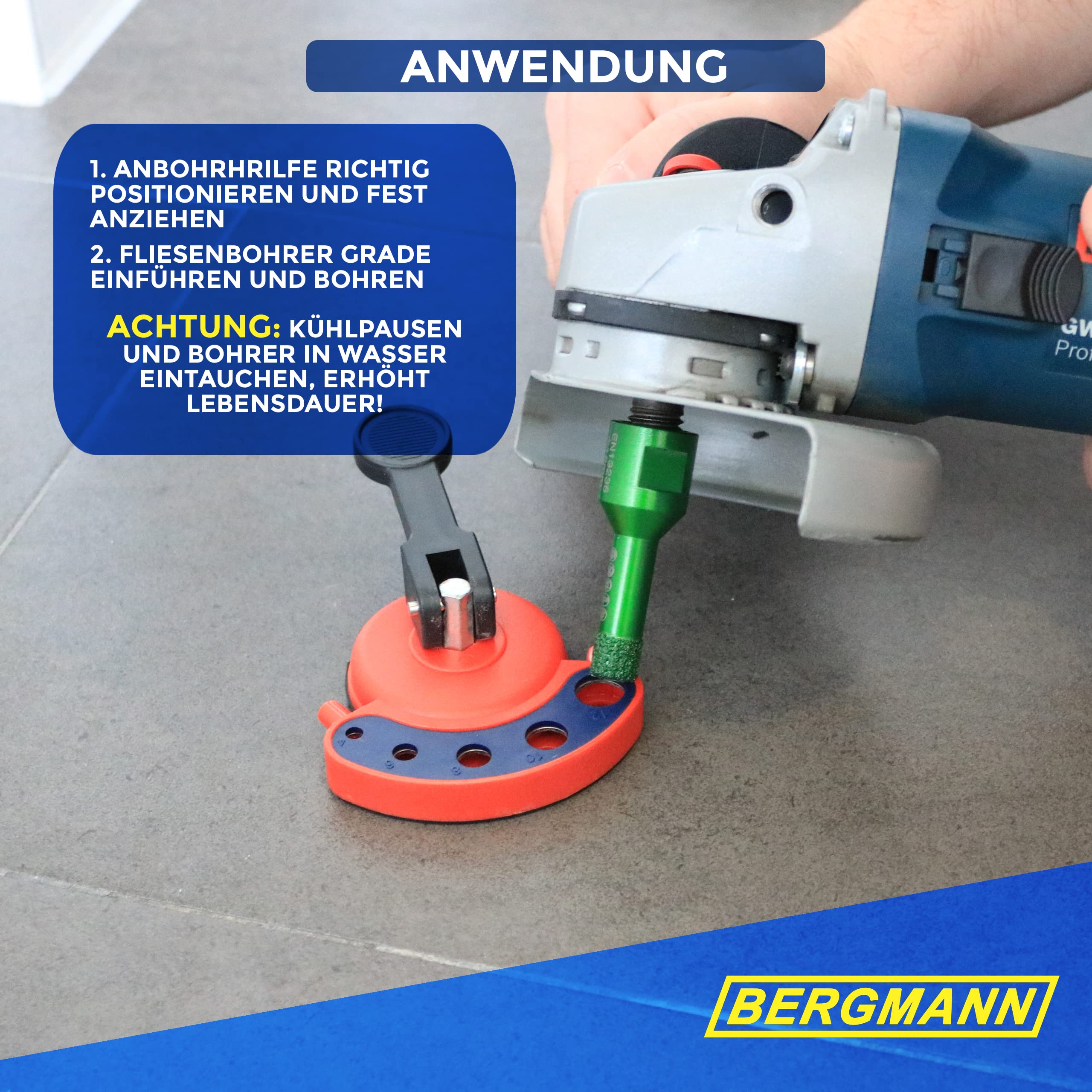 BERGMANN ® Juego de brocas para azulejos M14, 6 piezas, L-Boxx con ayuda para taladrar | Juego de brocas para azulejos de diamante | con cera fría para taladrar en azulejos, cerámica, gres porcelánico
