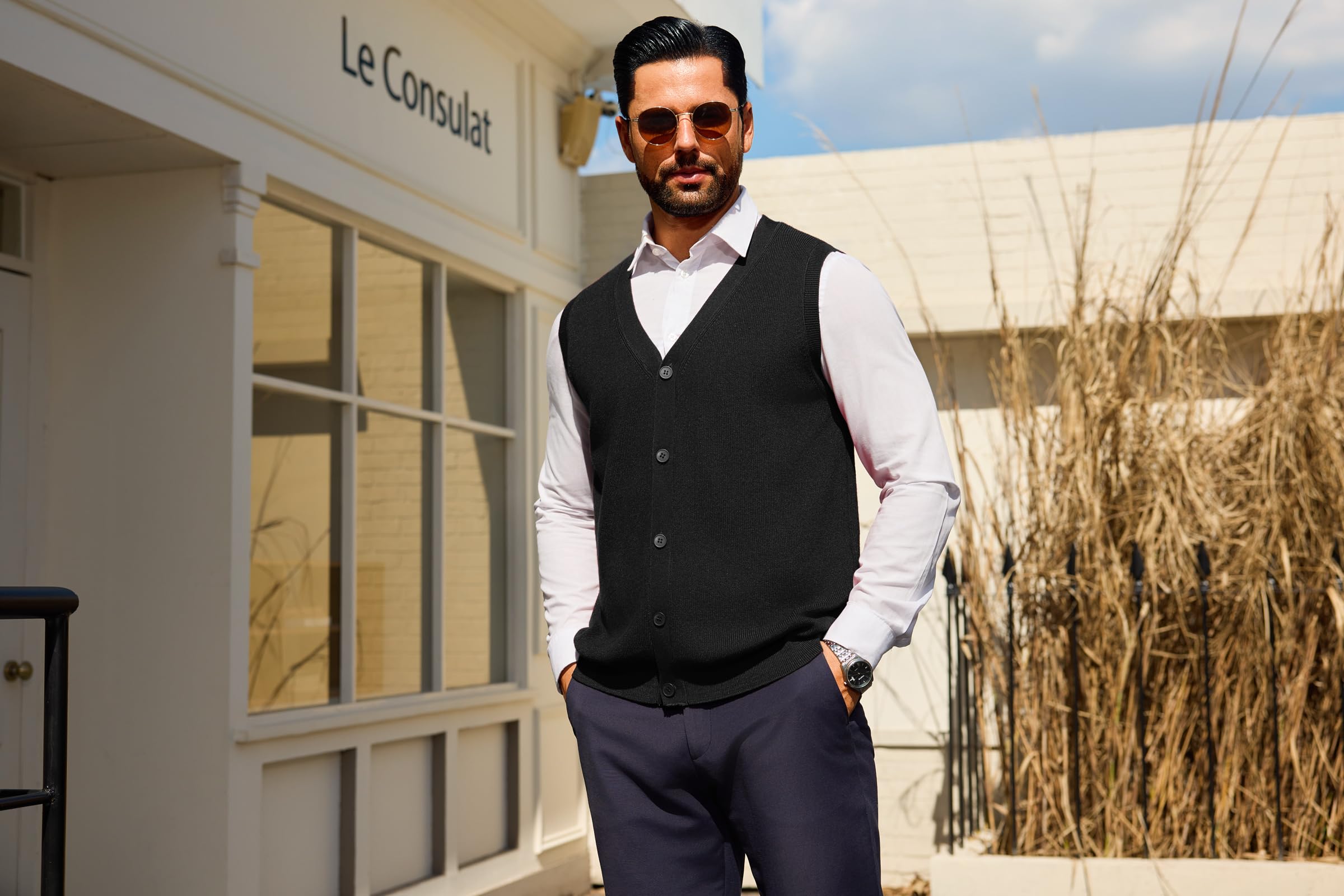 Sykooria Gilet Cardigan Homme sans Manches à Col en V Pull Tricoté Débardeur Léger et Élégant avec Boutons S-XXL