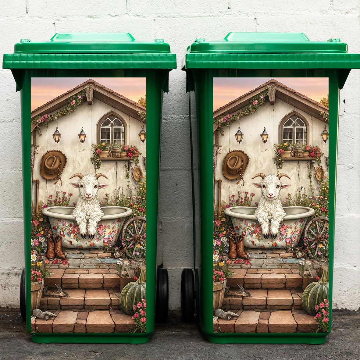 Iprokiu 2pcs Cow Sheep Waste Bin Sticker Animal Flower Sticker for Trash Can Home Wall Sticker Indoor Outdoor Garden Patio Decor Self Adhesive Animal Trash Can Sticker 82cmx37cm(Bathing Sheep)