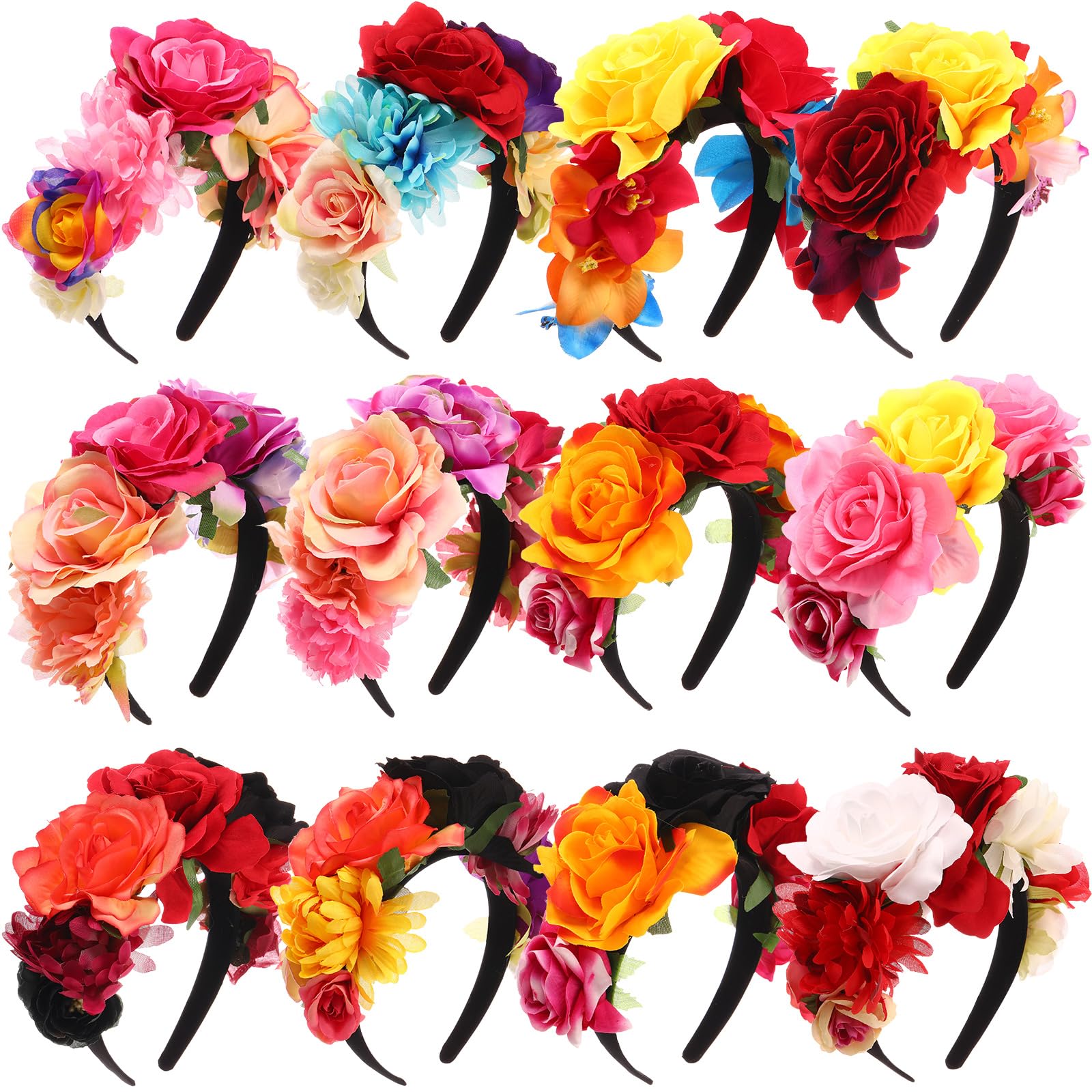 Xinnun 12 Pcs Mexican Rose Flower Crown Headband Easter Mardi Gras Headpiece Cosplay Headgear