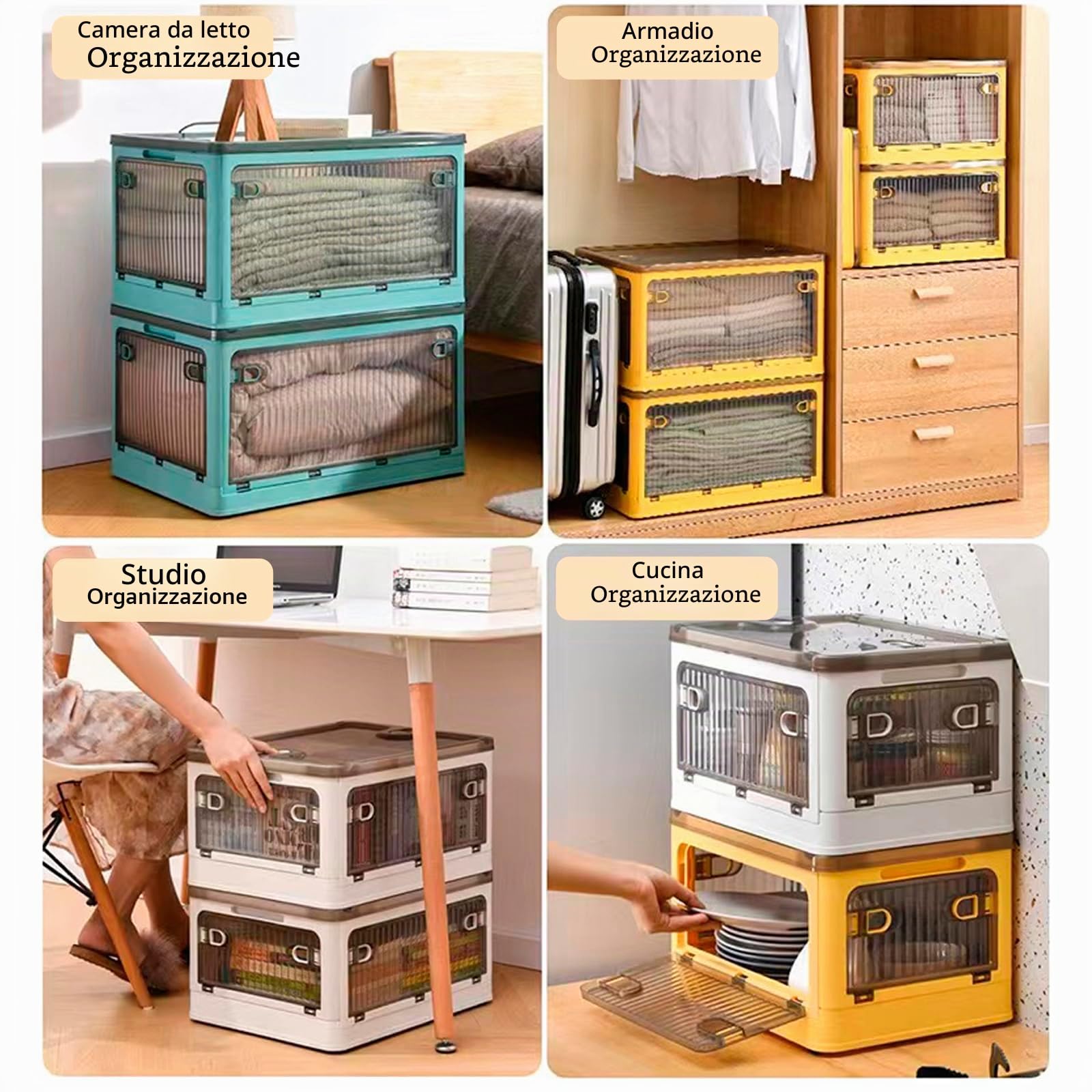 Creahaus Set di scatole portaoggetti in 2 pezzi con coperchio, scatola portaoggetti impilabile da 28 litri con ruote, scatola portaoggetti pieghevole a 5 ante, organizer per giocattoli (Giallo)