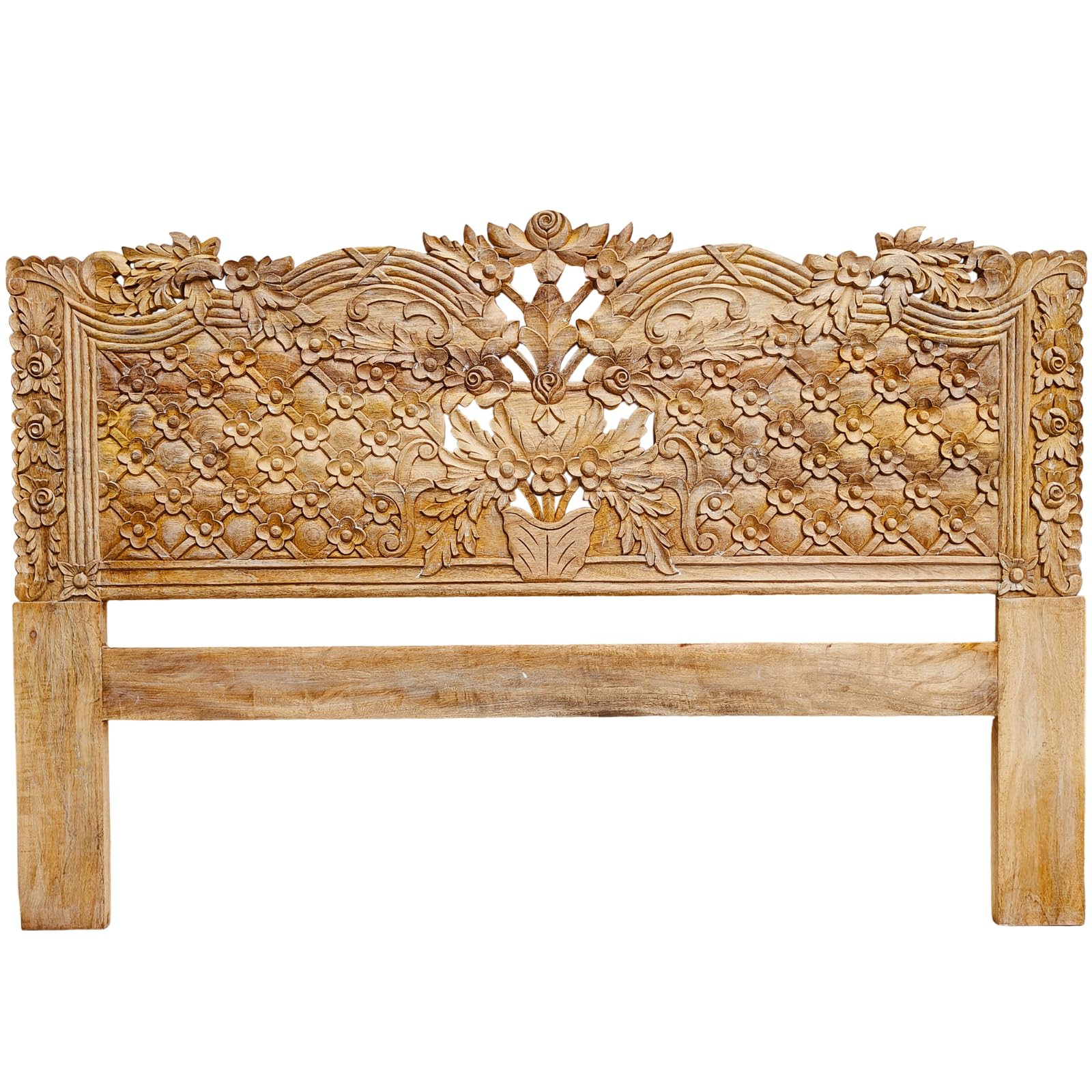 SMARTCAREWOOD Hand Carved Wooden Bed Headboard Mango Wood Morocco Headboard Vintage Wall Art Natural Finish Rustic Headboard Home Decor for Living
