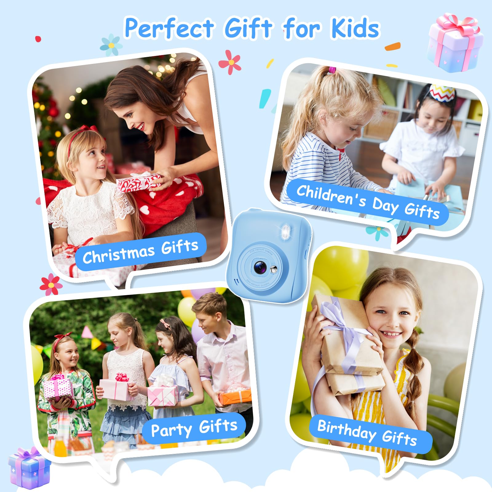 Hangrui Kinderkamera Sofortbildkamera, 14MP Sofortbildkamera Kinder mit 32G Karte & Druckpapier, 1080P Kamera Kinder Sofortdruck mit Farbige Stifte, Geschenk für 3-12 Jungen und Mädchen-Blau