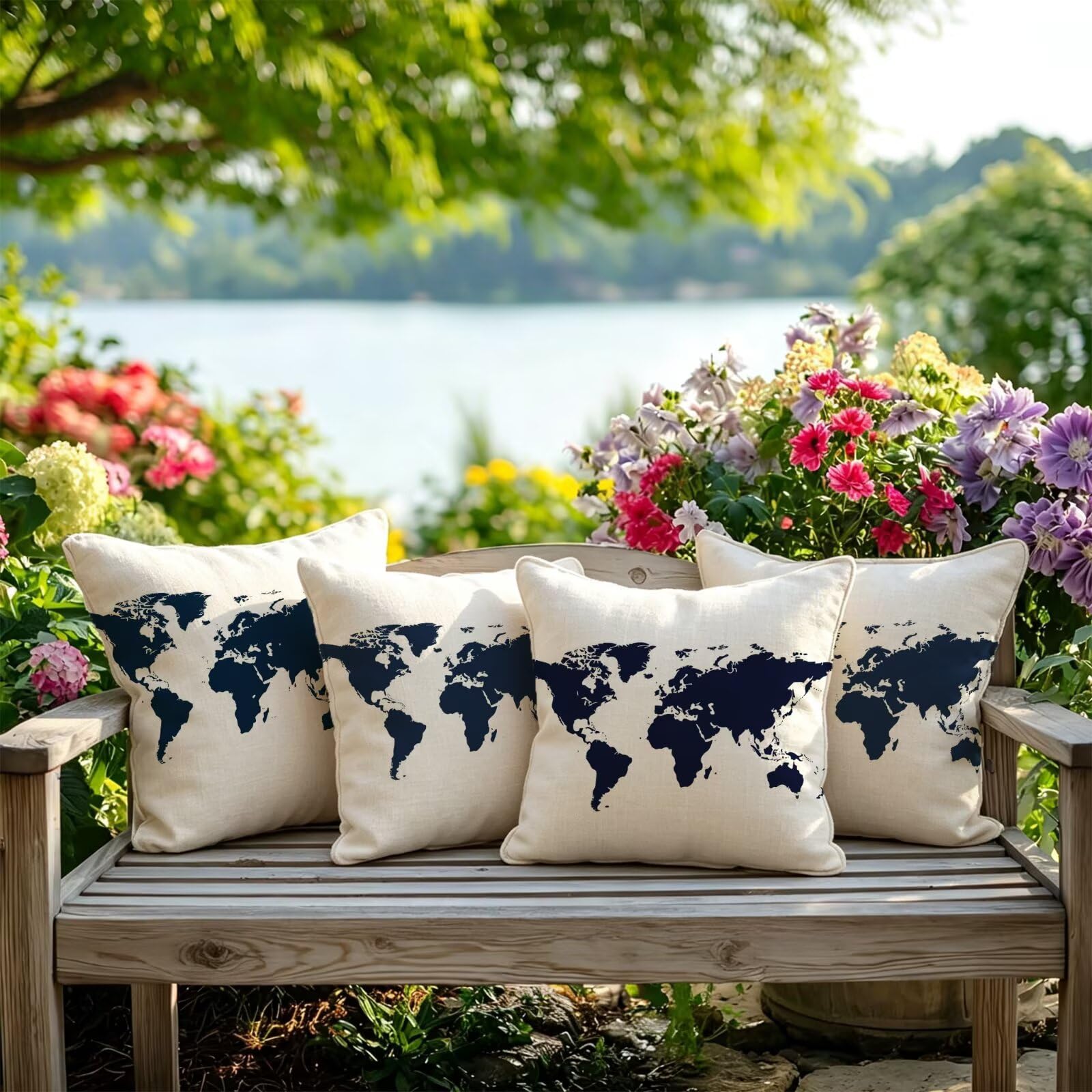 Lot de 4 Housse Coussin Bleu 60x60 Lin Coussin Exterieur Impermeable GJ-3