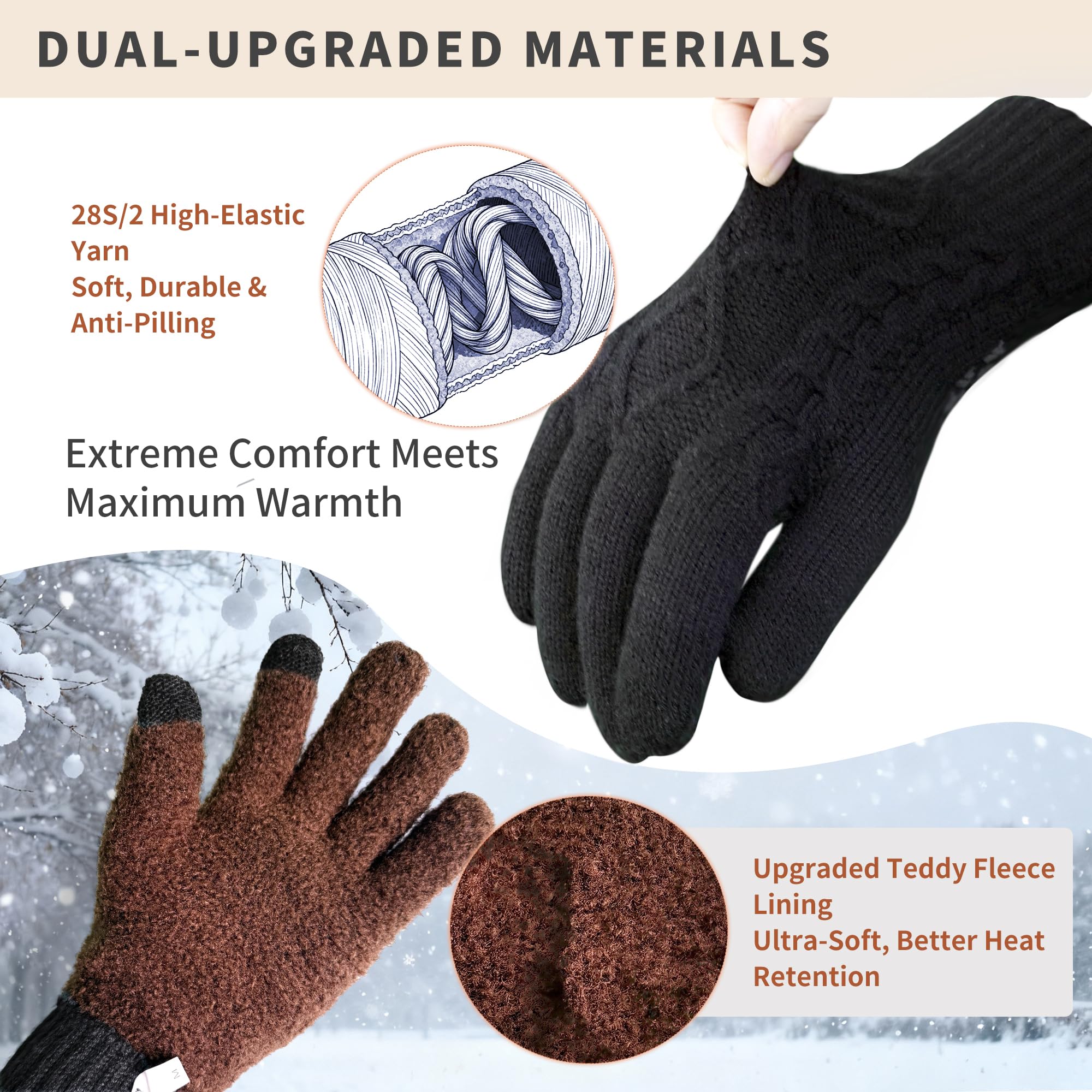 Origem Guanti Invernali Termici da Uomo Donna Touchscreen, Lana Lavorato a Maglia Fodera in Pile Guanti Caldi, Antiscivolo Tempo Freddo Guanti da Corsa Bici Guida Per Sci Moto Spostamenti All'aperto