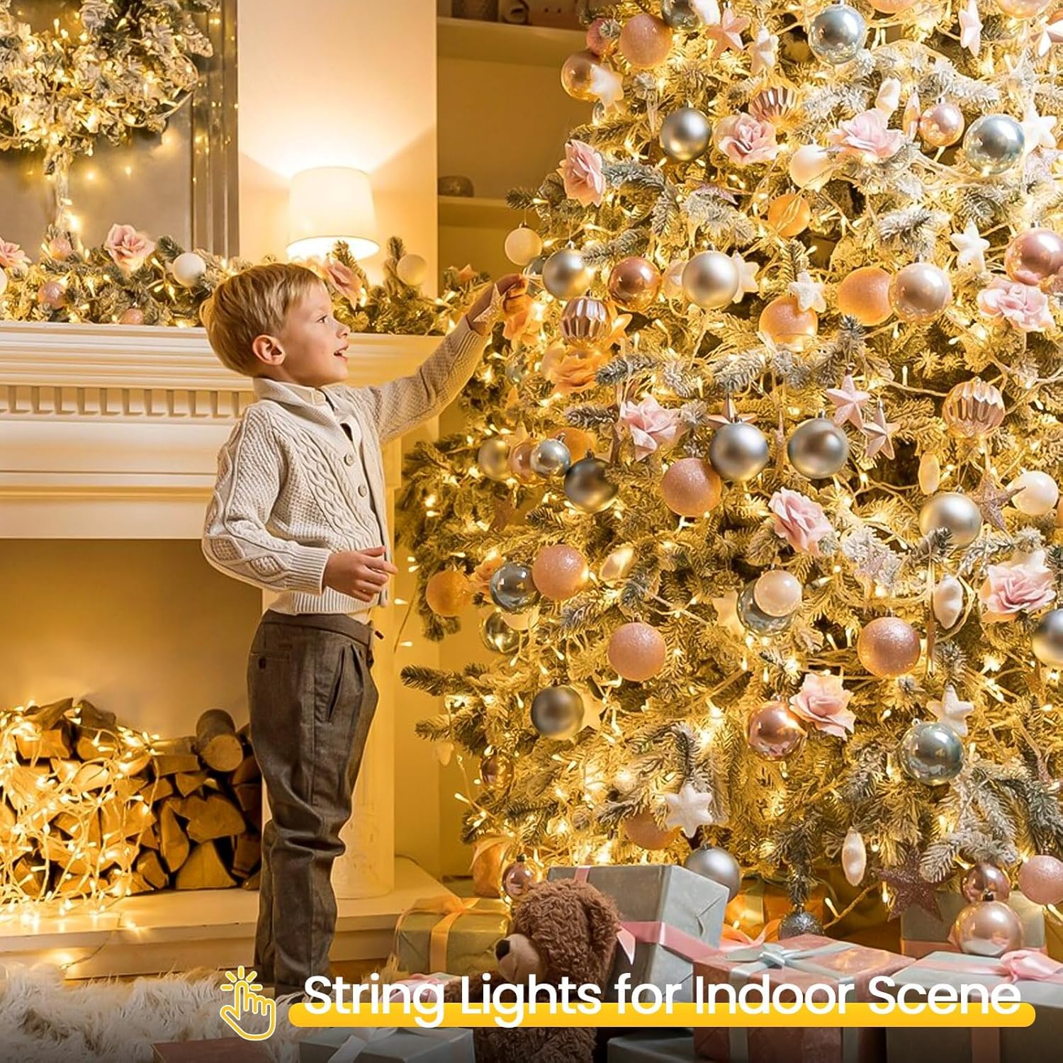 Lot de 4 guirlandes lumineuses à piles avec minuterie, 200 LED, étanches, 8 modes, pour fête intérieure et extérieure, chambre à coucher, guirlande d'arbre, décorations de Noël (blanc chaud)