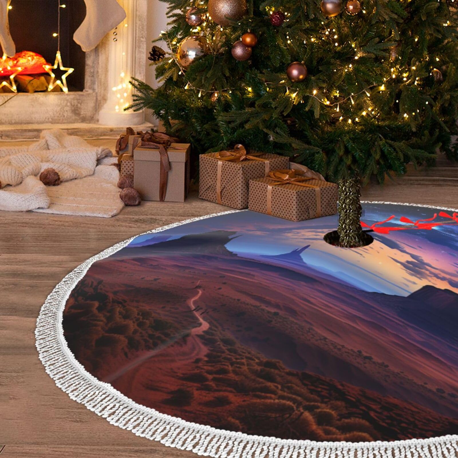 Jupe de sapin de Noël 122cm motif nébuleuse désert avec pompons blancs