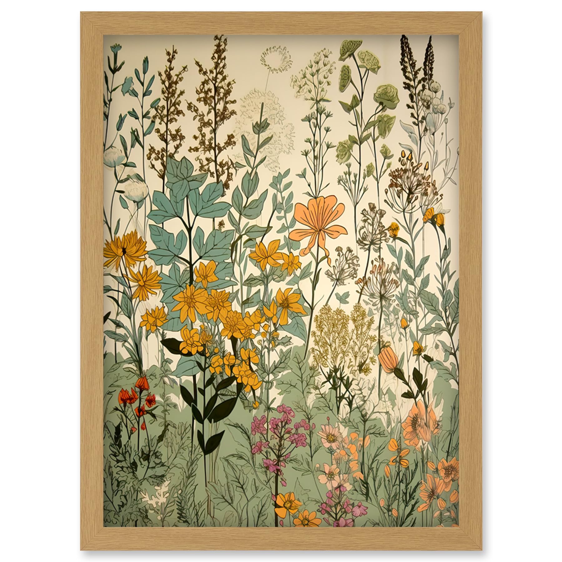 Artery8 Wildflower Vintage Botanical Painting Pastel Yellow Green Teal Pink Spring Field Artwork Framed Wall Art Print A4