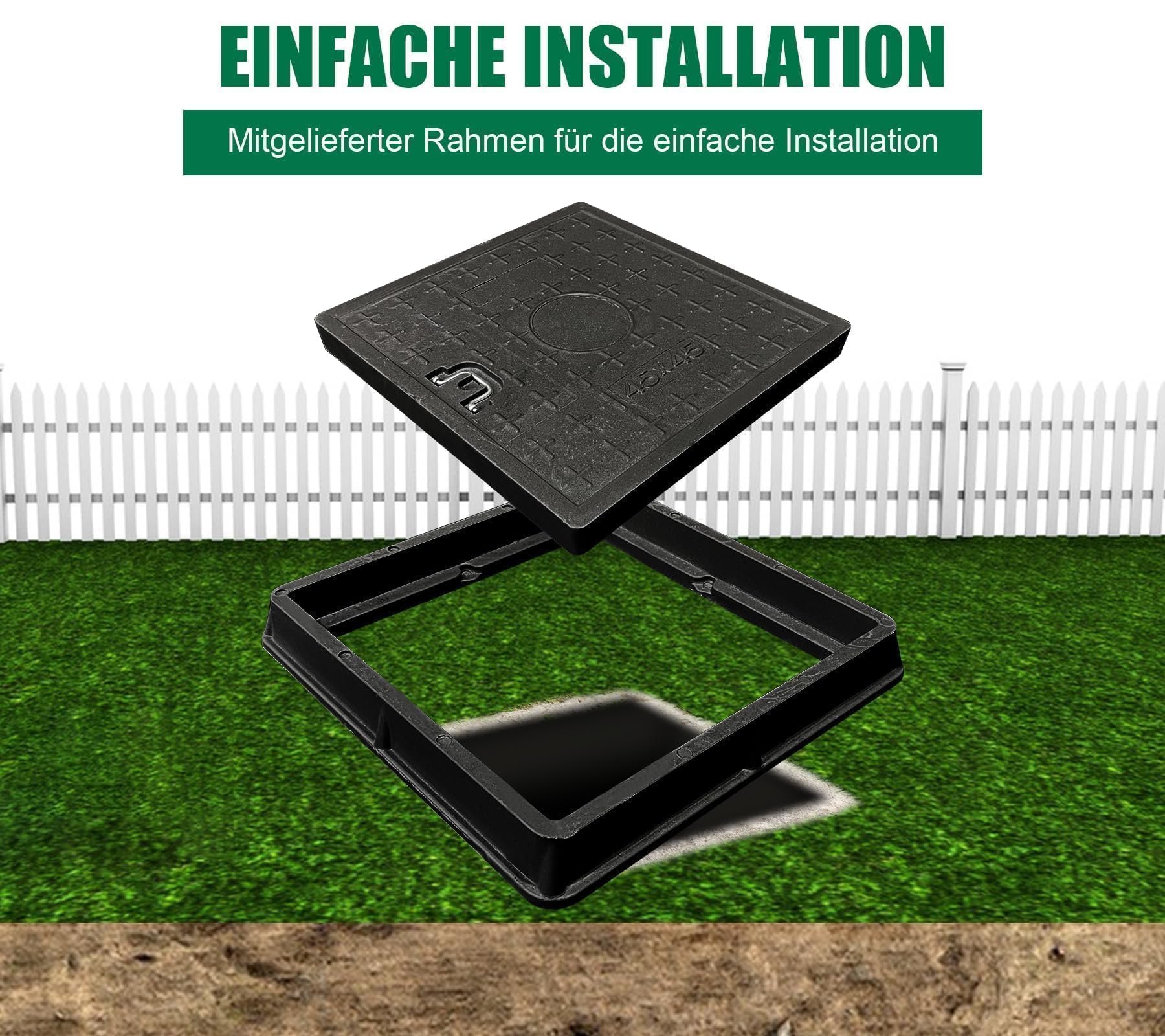 Tapa de pozo de fibra de vidrio con marco, asa 450x450 mm, A15, tapa de alcantarilla, tapa de pozo, conducto de inspección para acera, jardín, área verde, resistente a UV, resistente a las