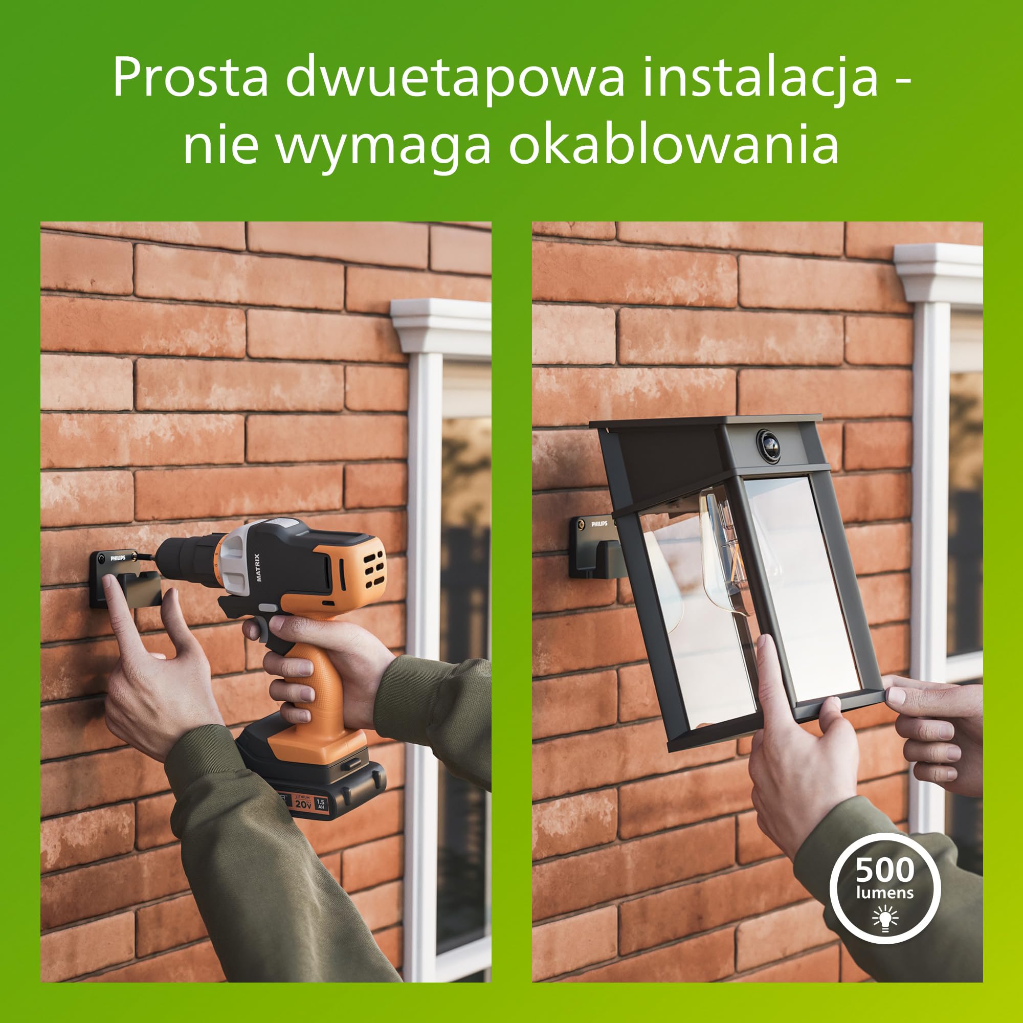 Philips Geri UltraEfficient Zewnętrzna Solarna Lampa Ścienna, Wymienna Żarówka Solarna, Czujnik Ruchu, 2700K, Kwadratowa, Czarna