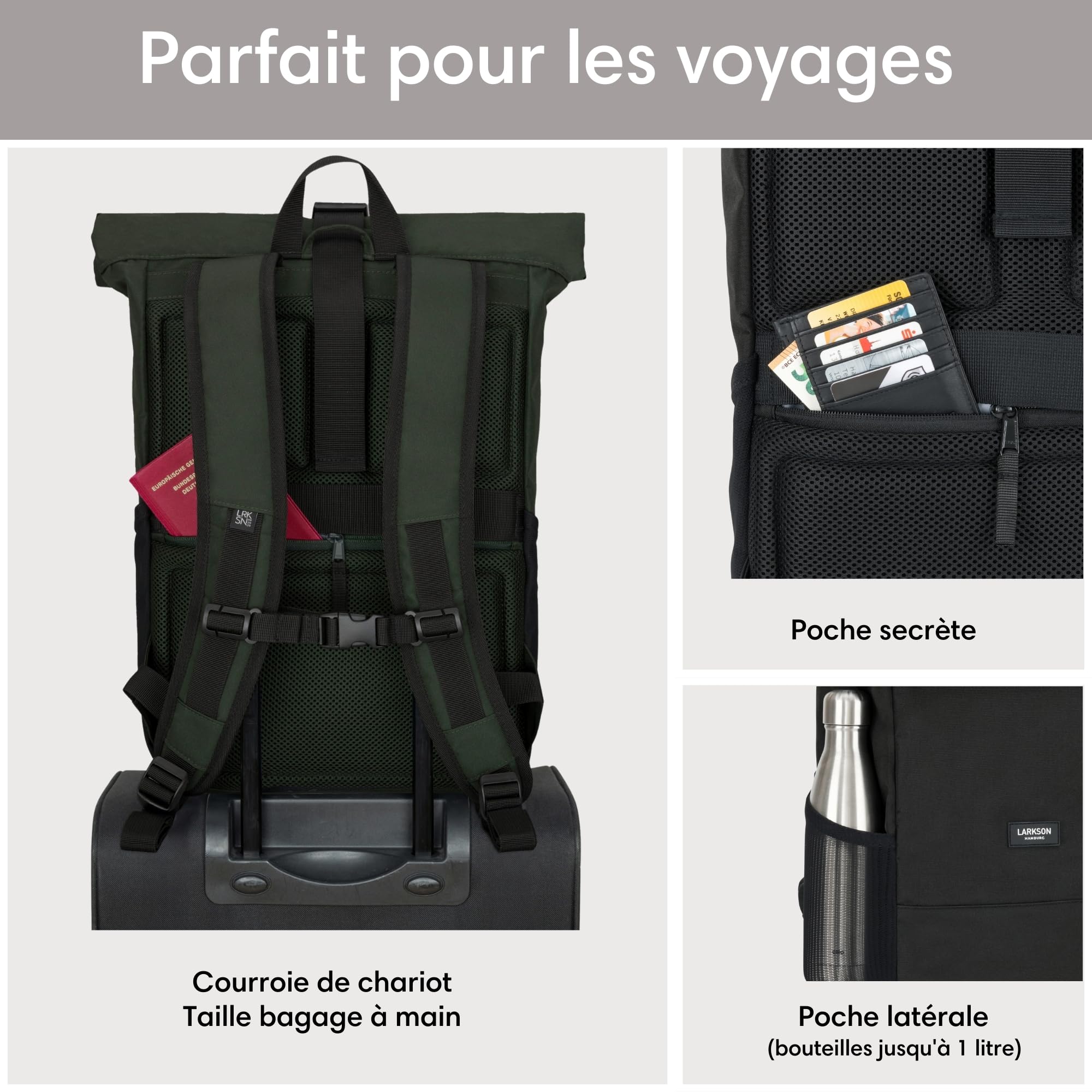 Larkson Sac à Dos Roll Top Femmes & Hommes - No 4 - Backpack pour l'École, l'Université - Compartiment Ordinateur Portable 16 Pouces - Hydrofuge