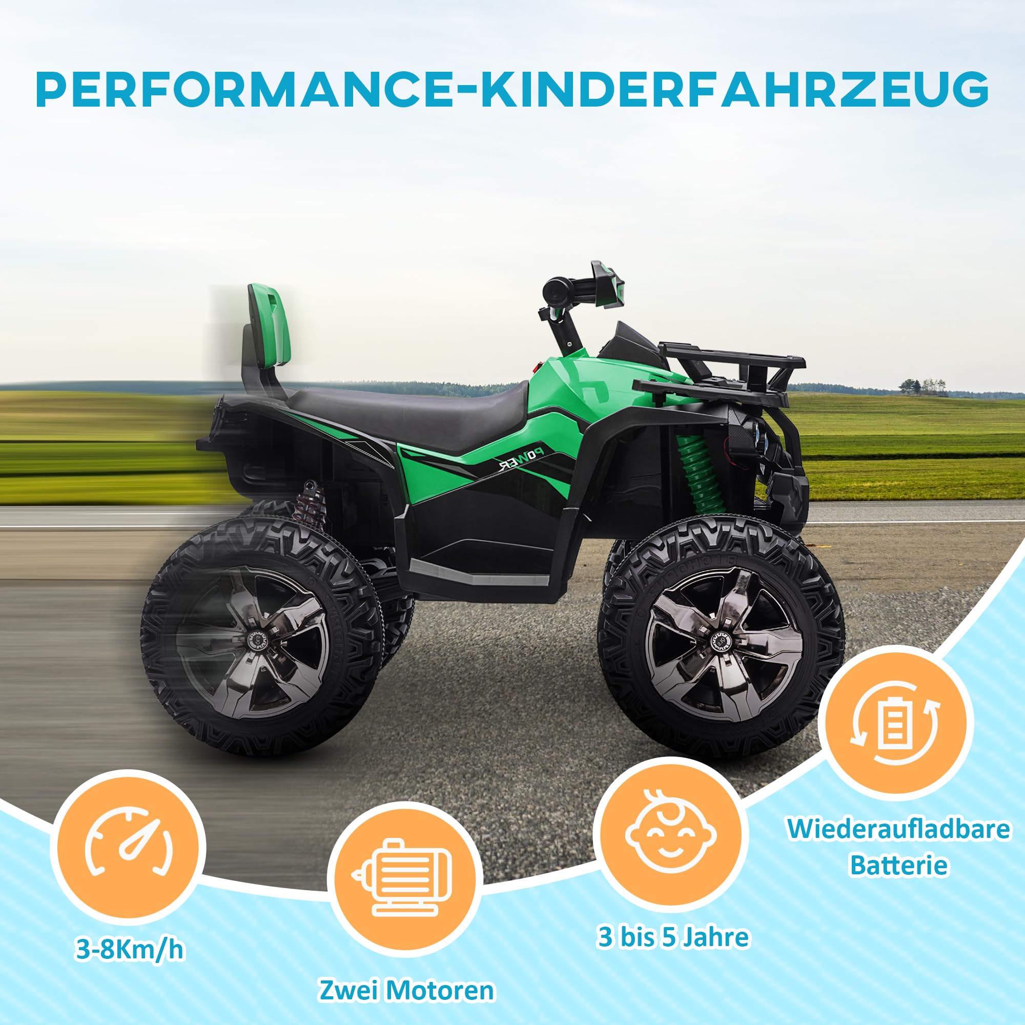 HOMCOM Elektro Quad für Kinder 12V 10Ah mit 2 Motor für 3-5 Jahre Grün | Kinder Quad, Vorwärts-, Rückwärtsfunktion, USB-Anschluss, MP3-Musikplayer, Kinderfahrzeug mit Scheinwerfer, 3-8 km/h