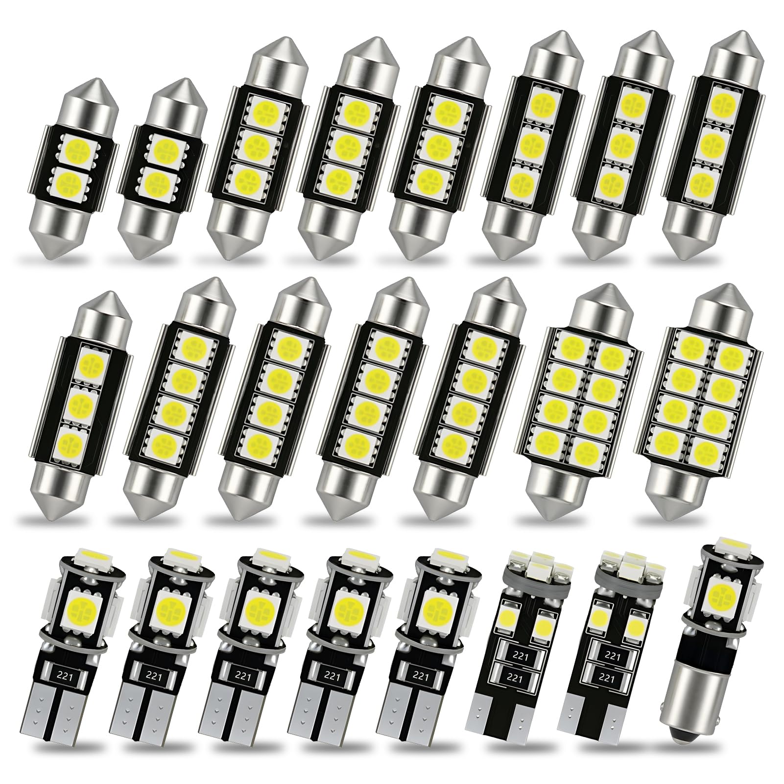 HOMTRAK 23 Pcs Bombillas LED Interior Coche 6500K Canbus, Kit Luz LED 12V T10 W5W C5W BA9S para Domo Mapa Puerta Cortesía Maletero y Matrícula, Luz Blanca Xenón Compatible con varios vehículos