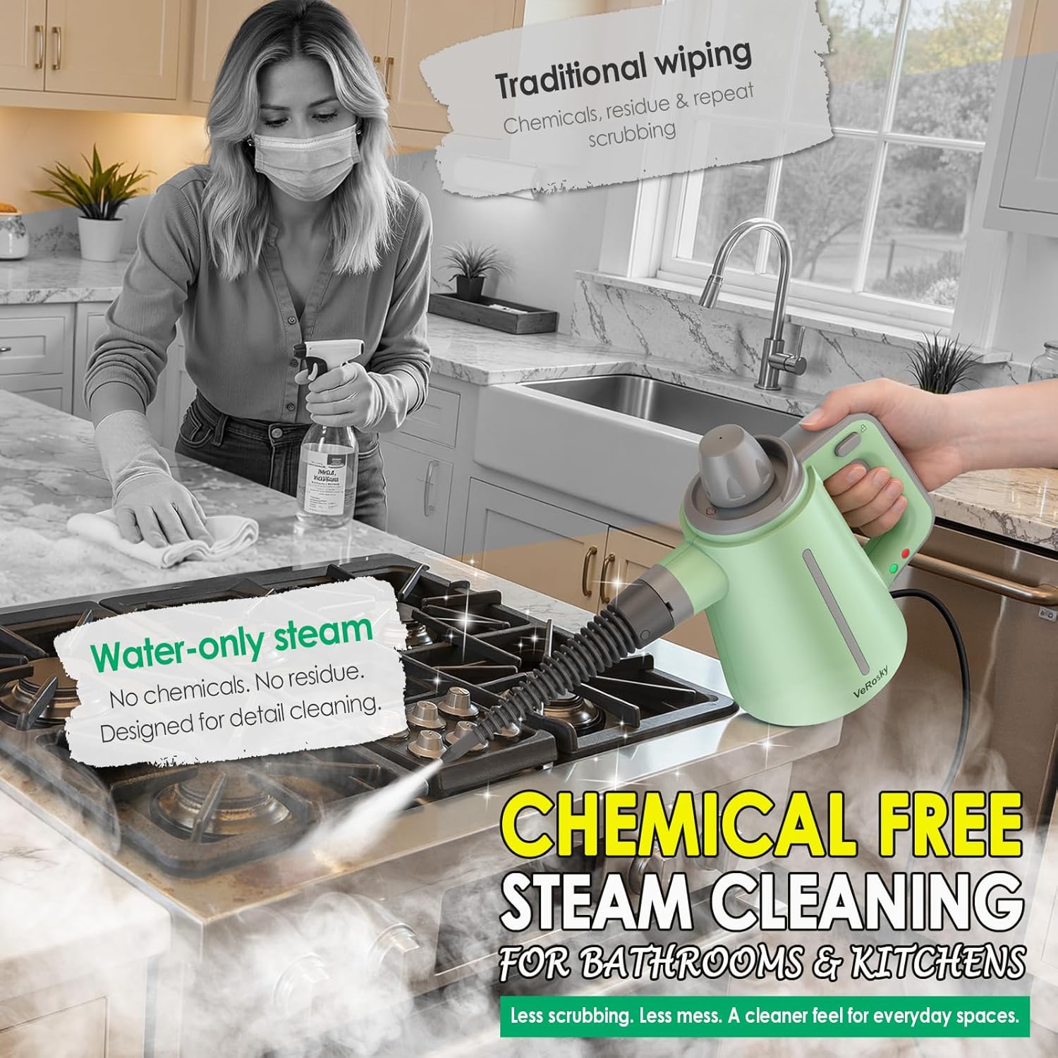 Steam Cleaner for Bathroom & Kitchen, Handheld High Temp Steam Cleaner with Safety Lock, Chemical-Free Steamer for Deep Cleaning Tile, Grout, Shower, Stove & Sink, 10 Accessories for Home, Couch & Car