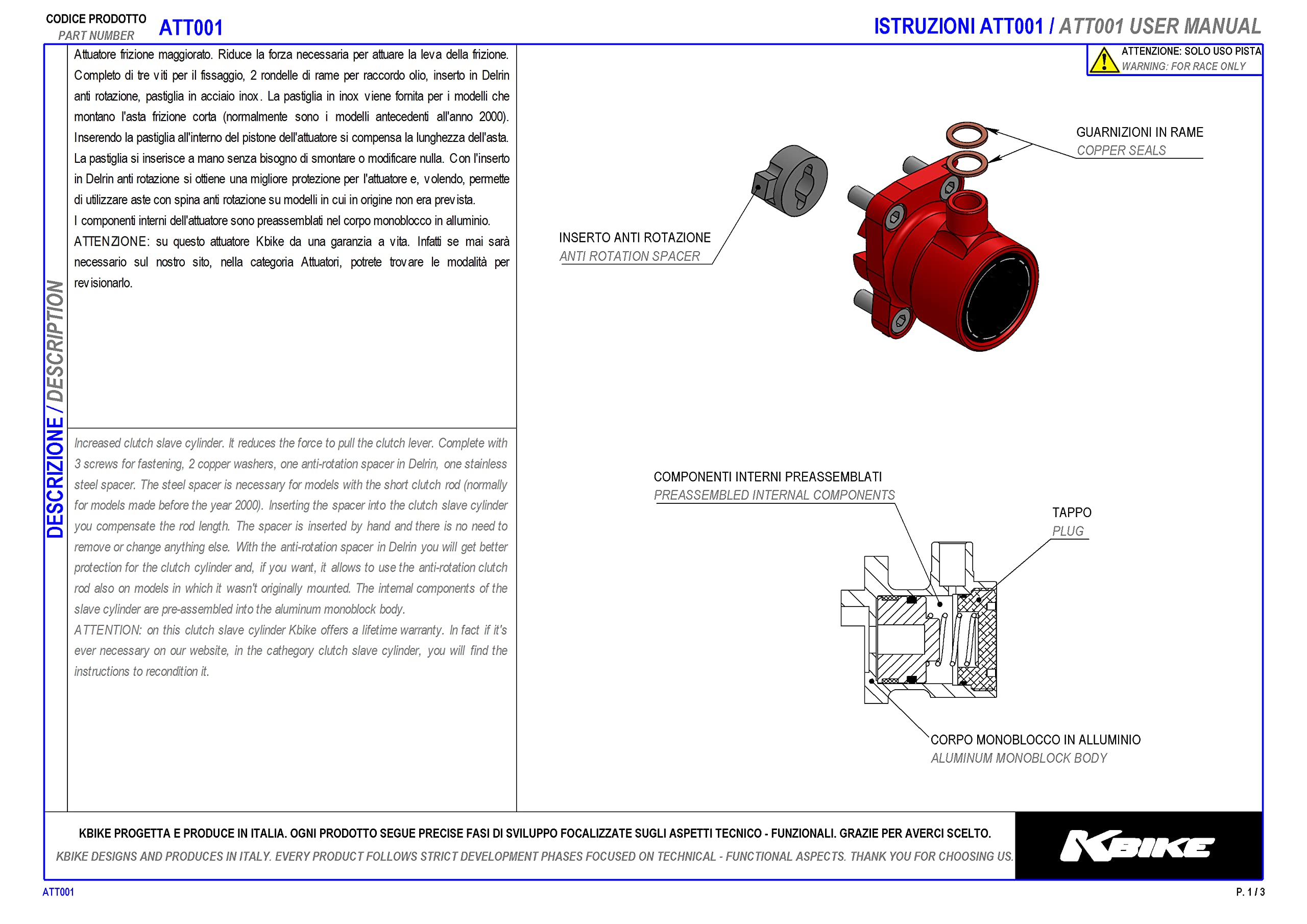 Kbike attuatore frizione maggiorato alluminio compatibile con Ducati - garanzia a vita