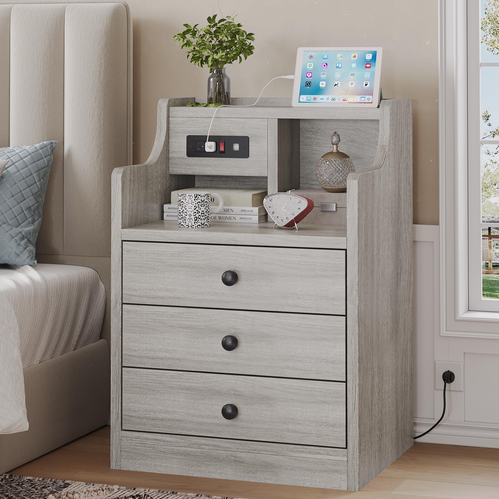 grey dresser and night stand Tiptiper Nightstand with Charging Station, Stands with Hutch, 3 Drawers Bedroom End Table Bedside Table with 2 USB Ports & 2 Outlets : Home & Kitchen Belt