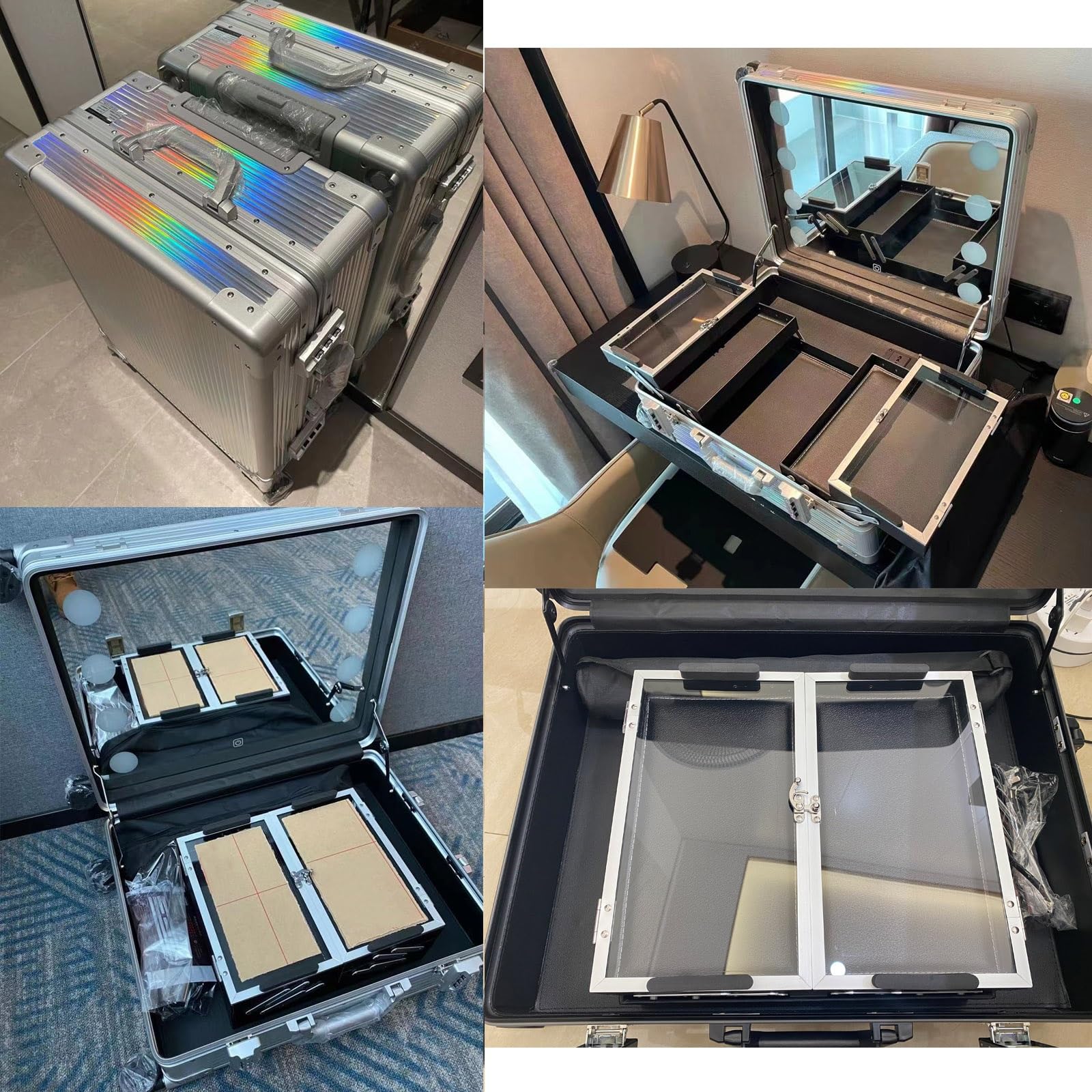 Walizka na kosmetyki, aluminiowa walizka na kółkach z 8 diodami LED, zwijany organizer na kosmetyki z lustrem, stacja do makijażu do podróży, wielofunkcyjna