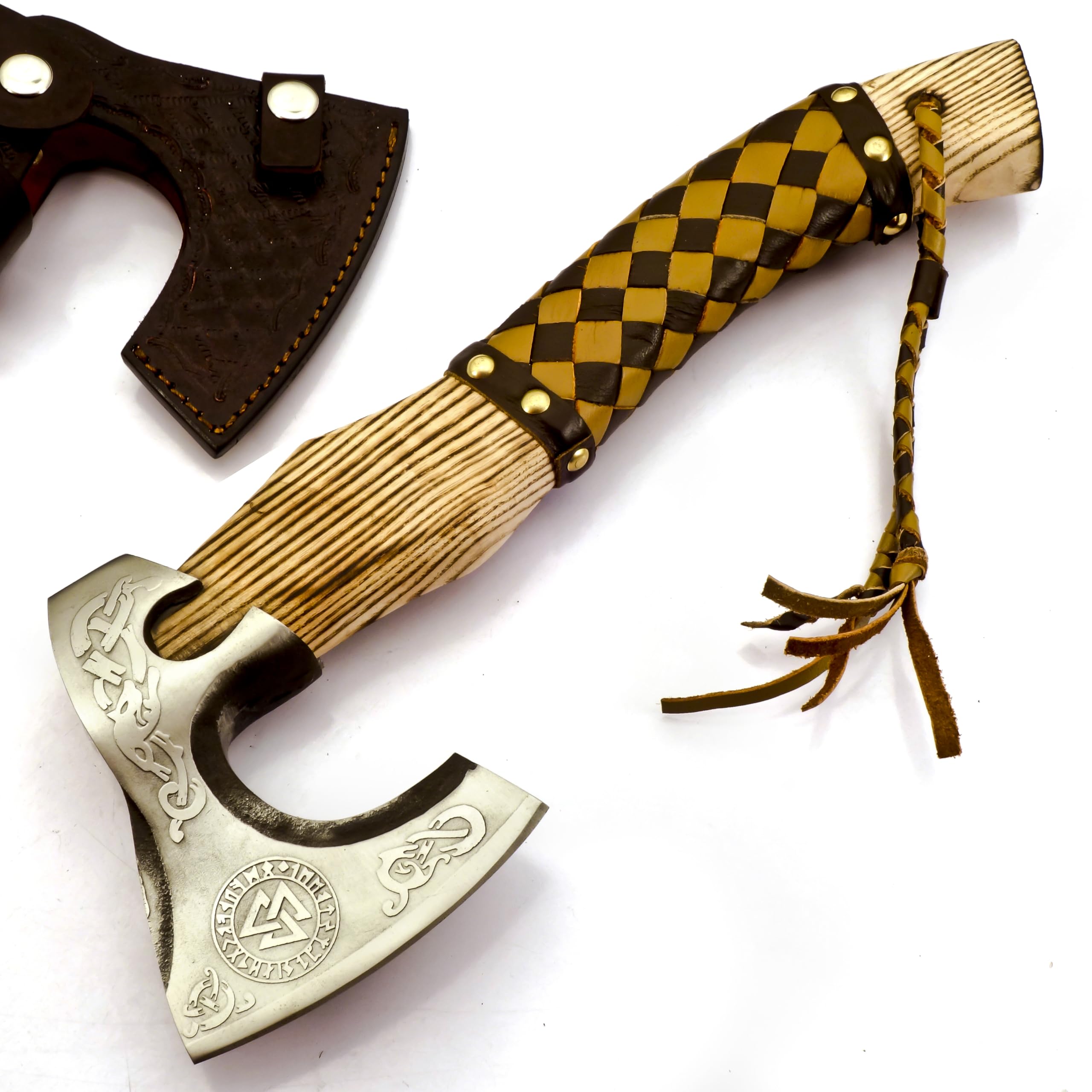 SIZZCO Custom Forged Carbon Steel Viking Style Bearded Axe - Real Hatchet, Throwing & Camping Axe with Leather Wrap Best Gift for Anniversary,