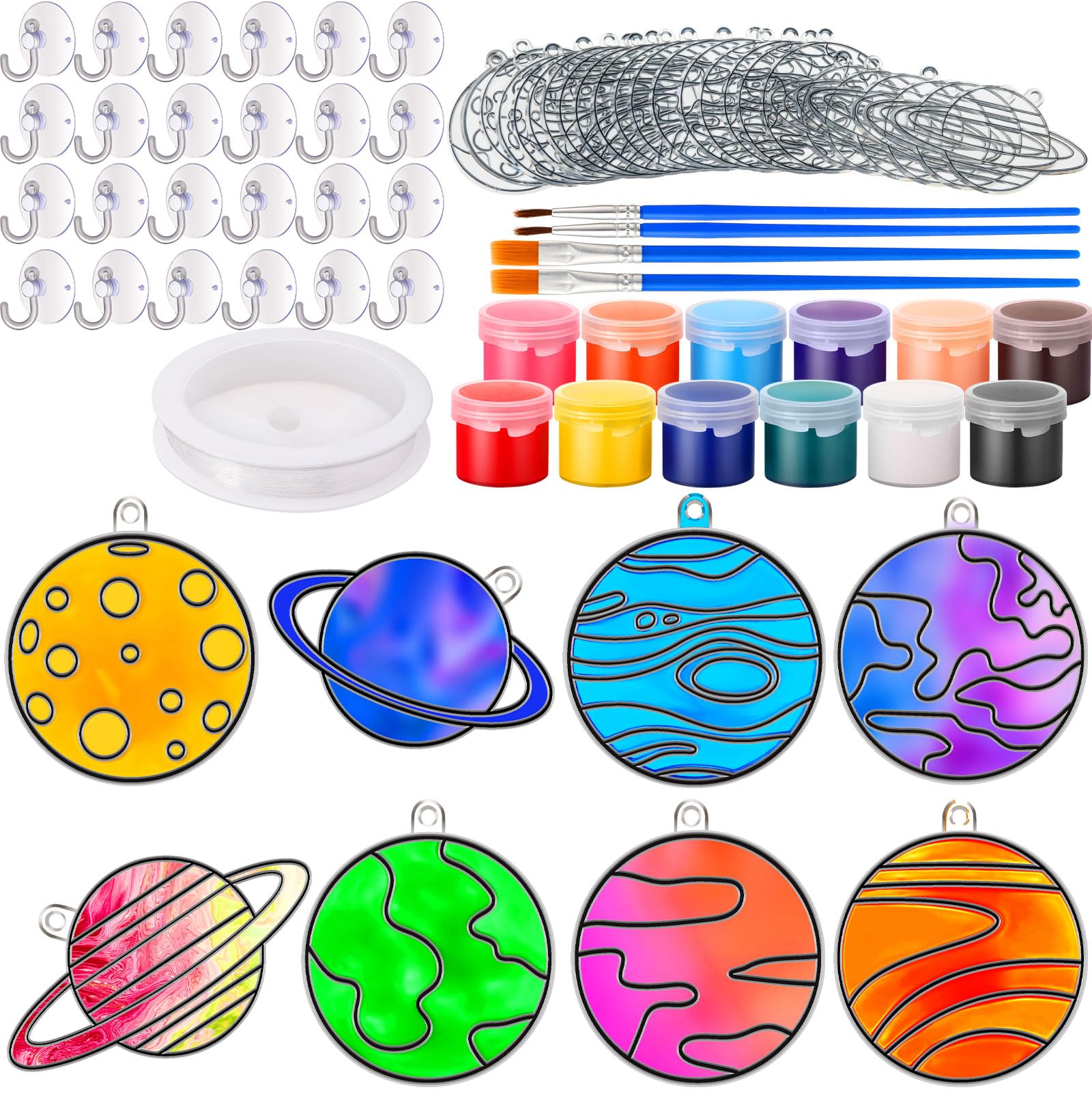 Cholemy24 Sets Planet Sun Catcher Kit Include Suncatcher Craft with Paints Suction Cups Fishing Thread, Planet DIY Window Art Kit Paintable Suncatchers Decorations for Gifts