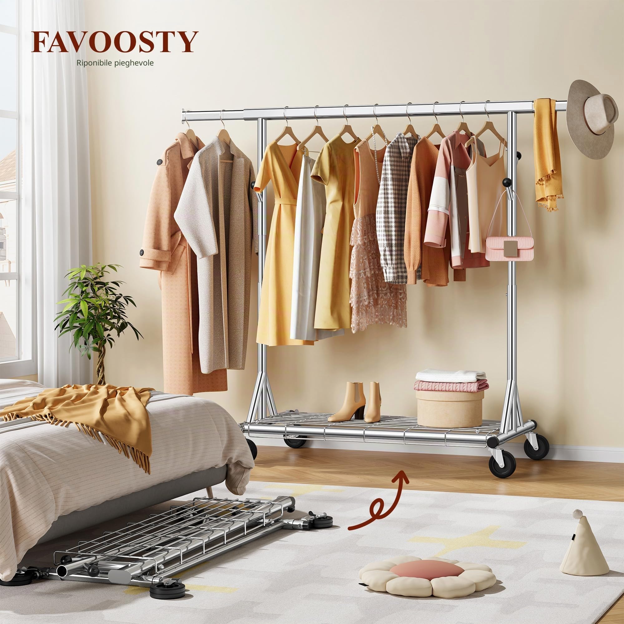 FAVOOSTY Stand Appendiabiti con Ruote, Attaccapanni Estensibile per Carichi Pesanti, Portata Totale 200 kg - 50 x (106-176) x 170 cm, installazione rapida 1 minuto,Argento