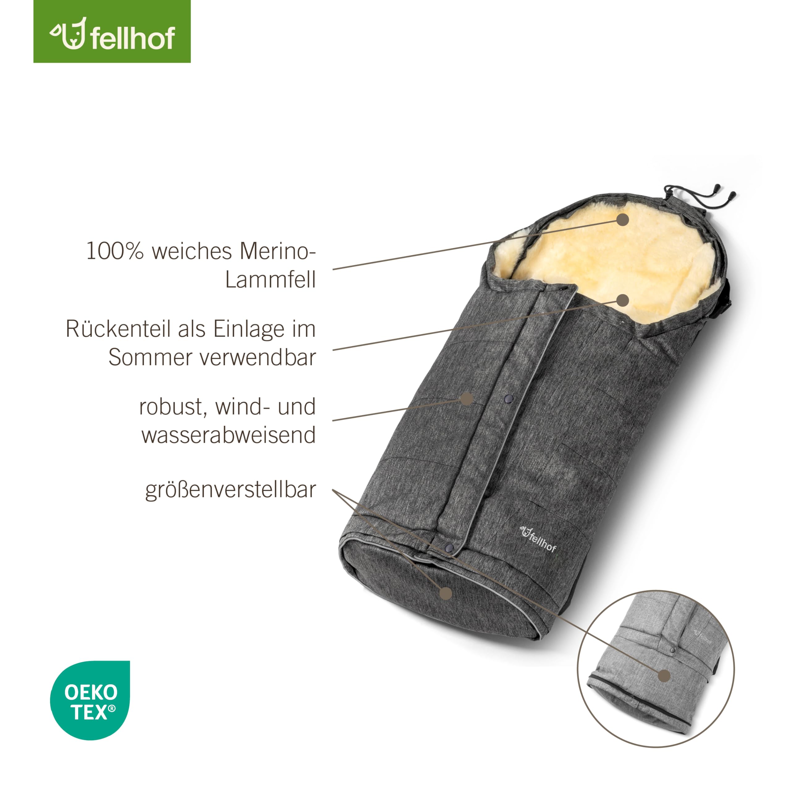 Fellhof HOCHSÖLDEN Kinderwagenfellsack graphit-melange | 40/45 x 86/106 cm | Merino Lammfell | größenverstellbar | wind- und wasserabweisend mit Magnetverschlus