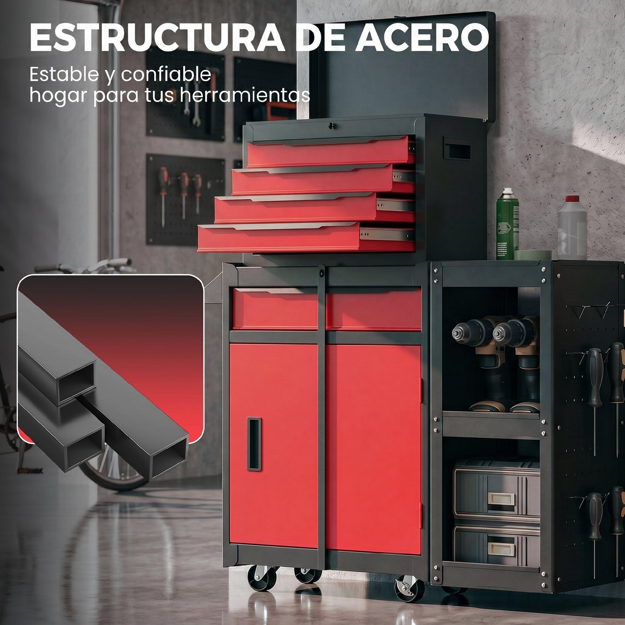 HOMCOM Carro de Herramientas con 5 Cajones 3 en 1 Cerradura Negro y Rojo | Caja de Taller Metálica, Soporte Lateral, Armario Inferior, Paneles Perforados, Asa, 2 Ruedas con Freno de Bloqueo