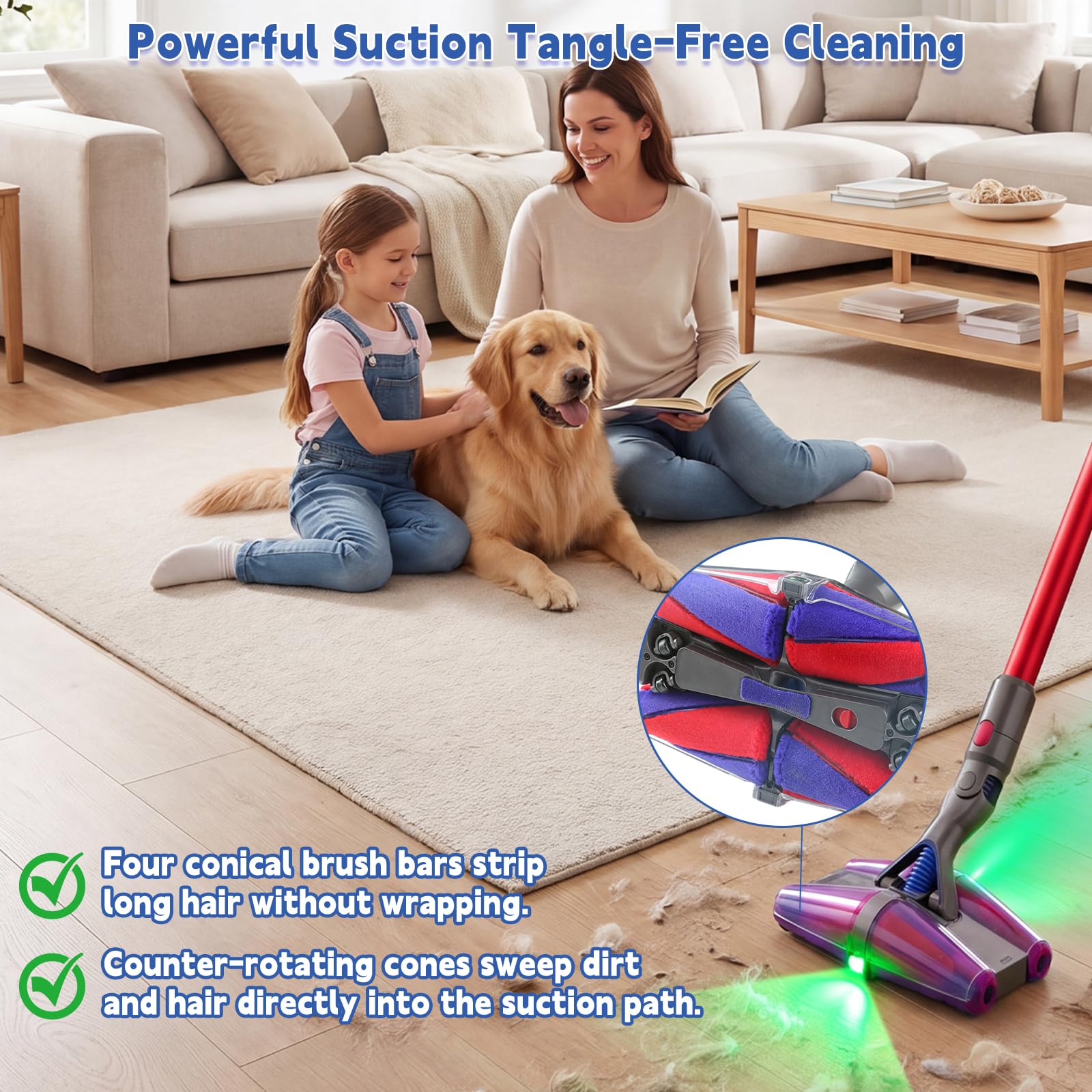 Fluffycones - Cabezal limpiador de piezas de repuesto para aspiradoras inalámbricas Dyson V7 V8 V11 Animal V15 Detect V10 Cyclone, doble luz verde LED antienredos, accesorios de aspiradora de