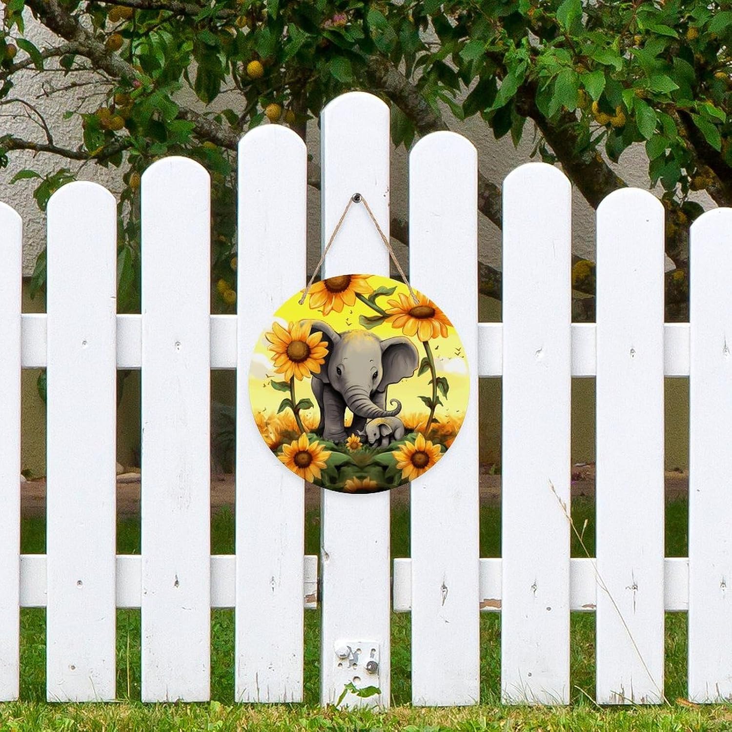 Mother and Baby Elephant Sunflowers Round Wooden Ornaments 7.87 Inch Wooden Door Hanger Sign Trend Wood Decorative Paintings for Crafts Christmas Home Holiday Decor Thanksgiving Bar