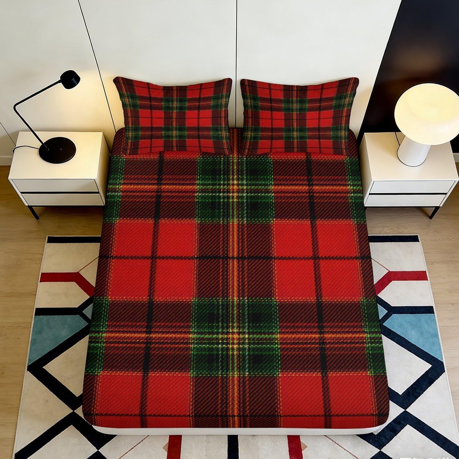3D Printed Red Tartan Fitted Sheet Microfiber Soft Plaid Mattress Cover Anti-Slip Machine Washable for Bedroom Guest Room Decor 90x200x25cm
