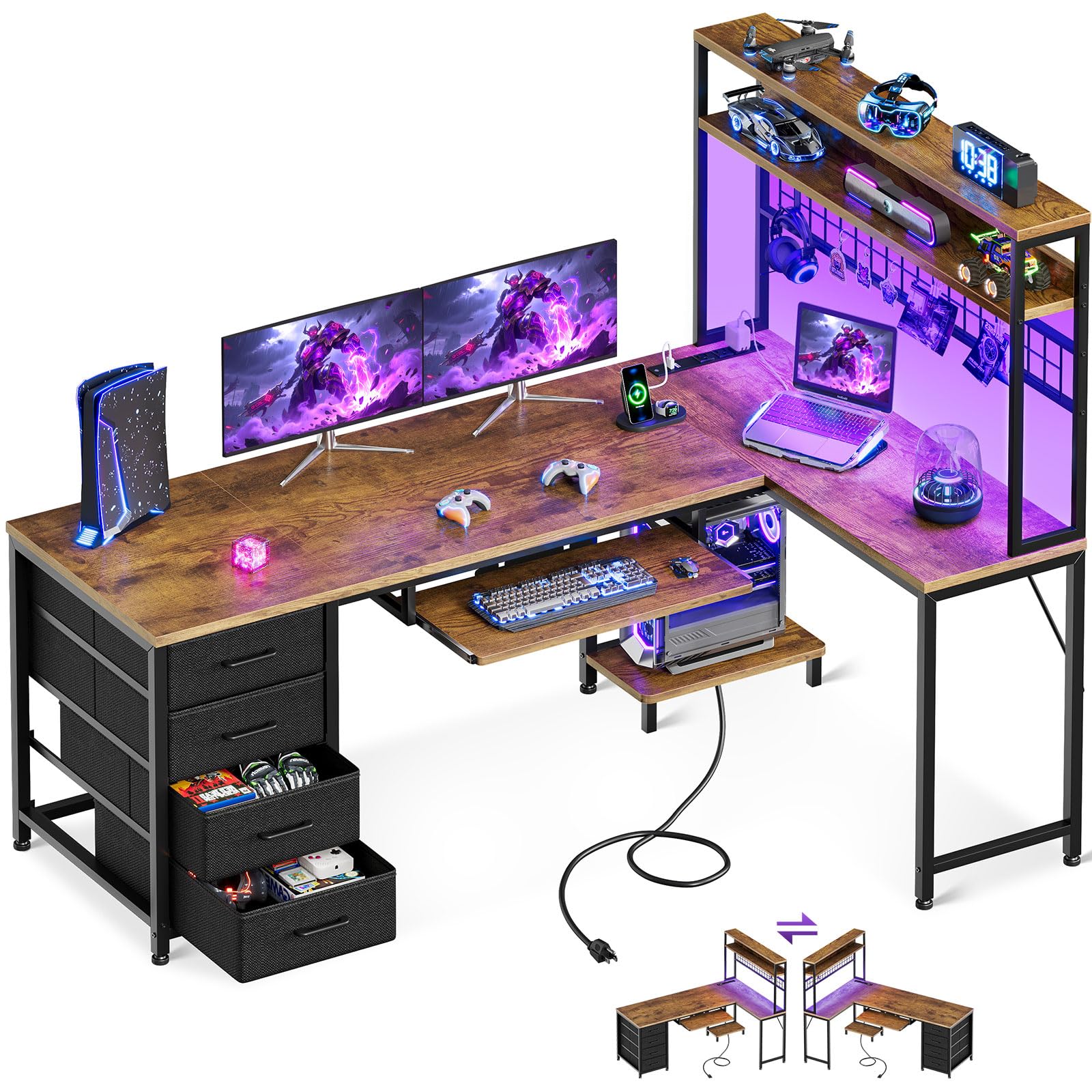 AODK 59 Inch L Shaped Desk with 4 Drawers, Gaming Desk with Led Lights & Power Outlets, Computer Desk with Pegboard, Reverisble Home Office Desk with