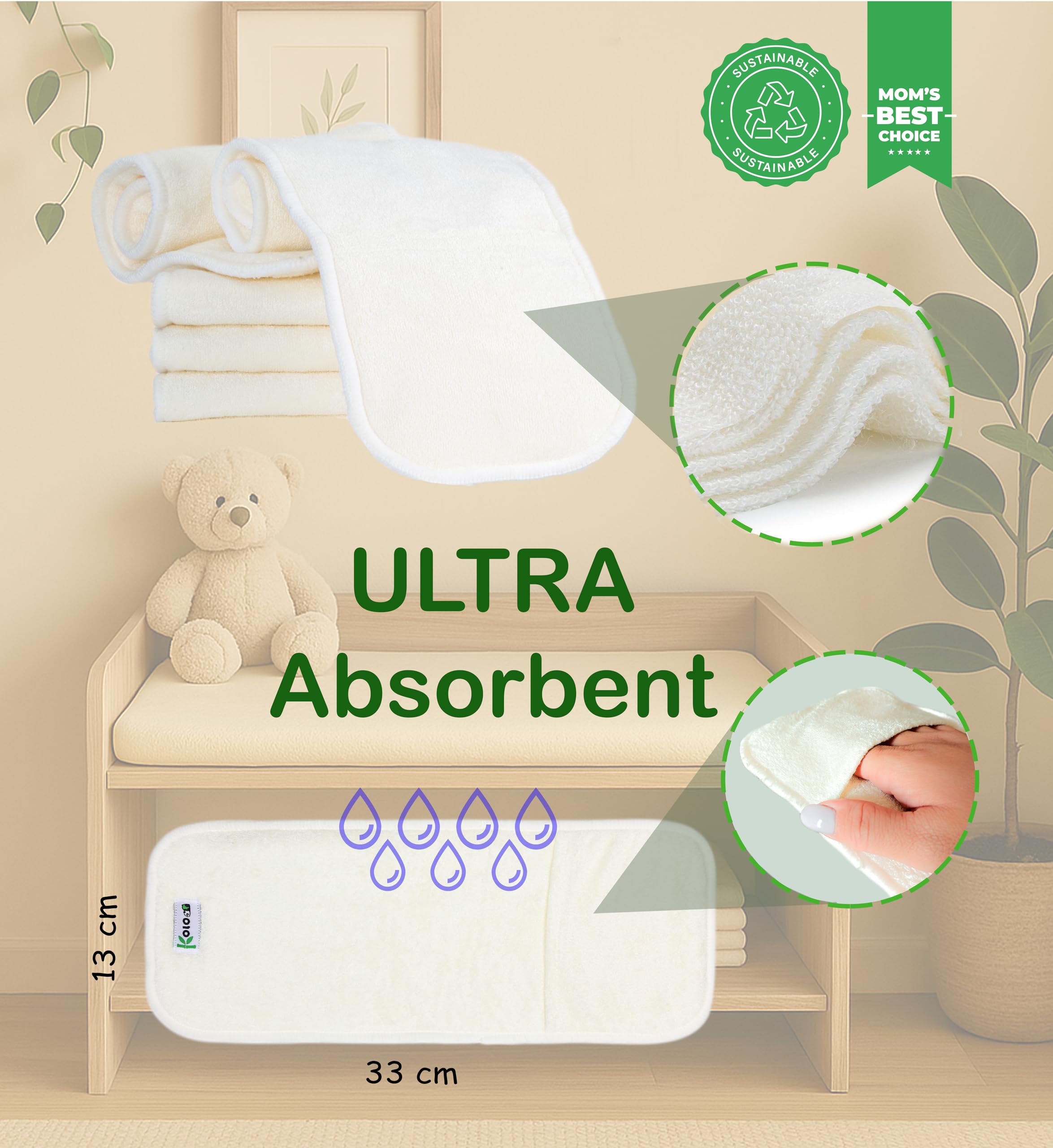 KOLO 10er Set Windeleinlagen aus 100 % Bambusfasern, vierlagig und waschbar. Antibakterielle, antiallergene Einlagen, geeignet für Stoffwindeln.