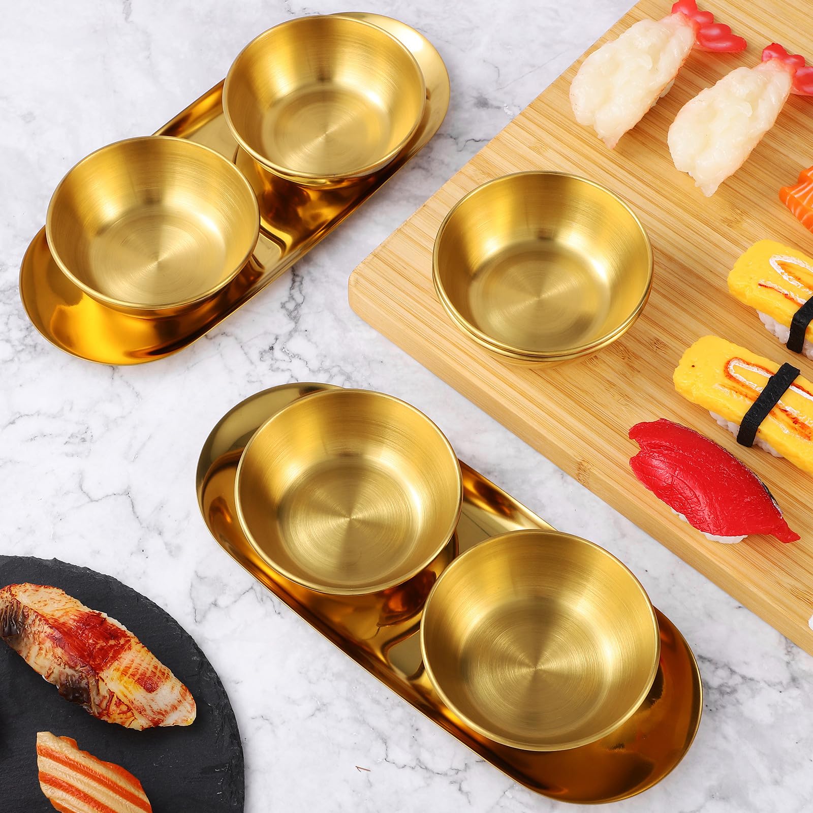 Goldene Dipschalen aus Edelstahl 6 Stück mit Ovalen Servierplatten