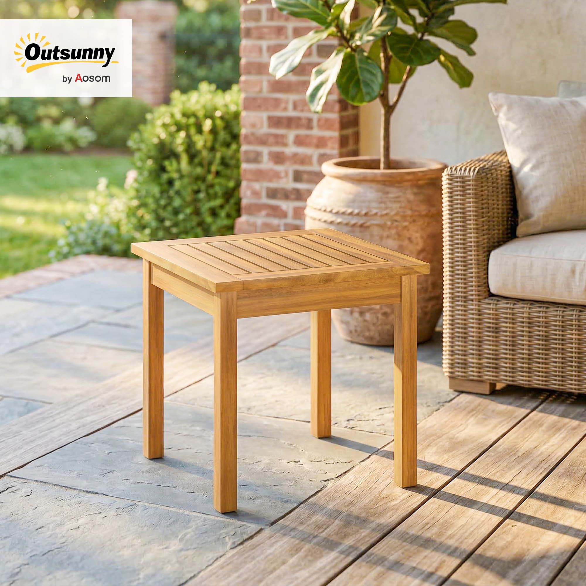 Outsunny Table Basse de Jardin Carrée en Bois d'Acacia Massif, Plateau à Lattes, Pieds Réglables, 48x48x46cm, Naturel
