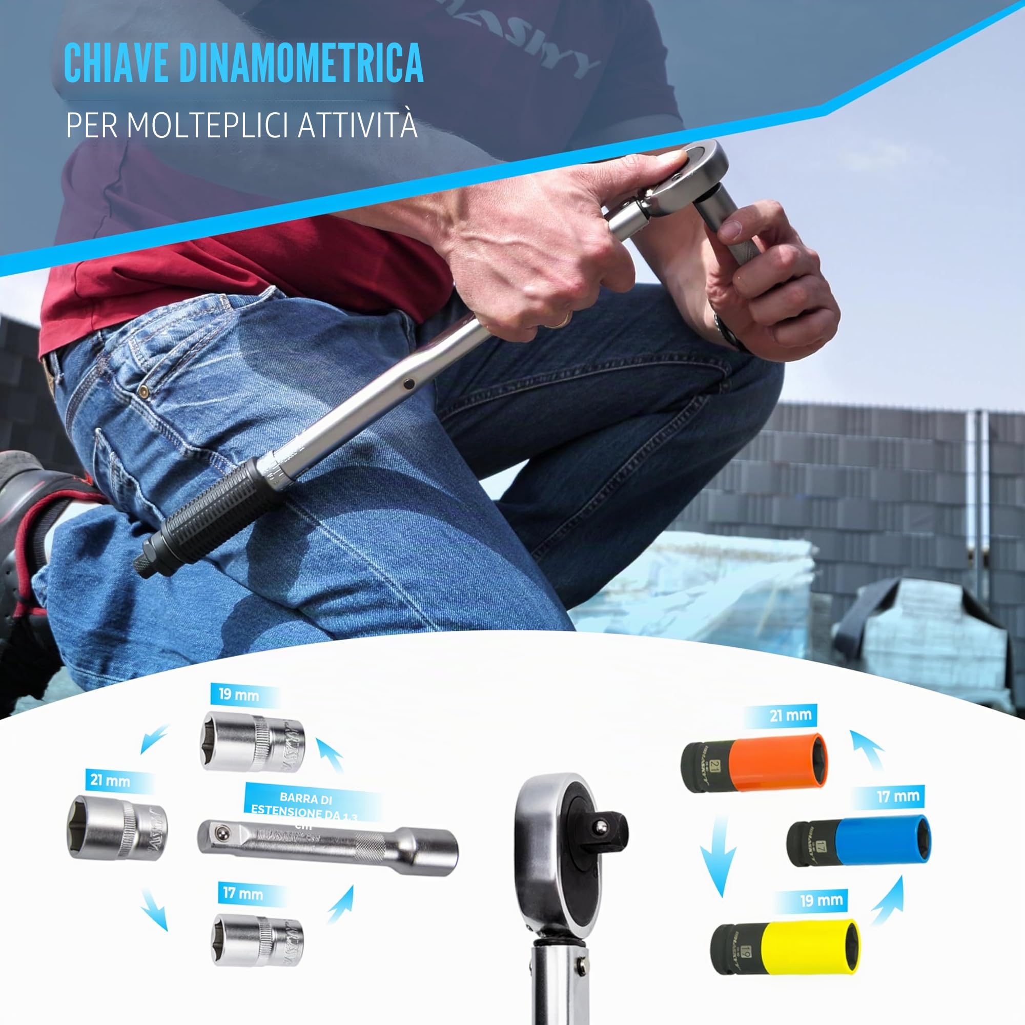 HASKYY Set chiave dinamometrica 1/2" I 28-210 Nm I I bussole a impatto 17 19 21mm | chiave a scatto con attacco a destra con doppia scala | lega acciaio CV cromato