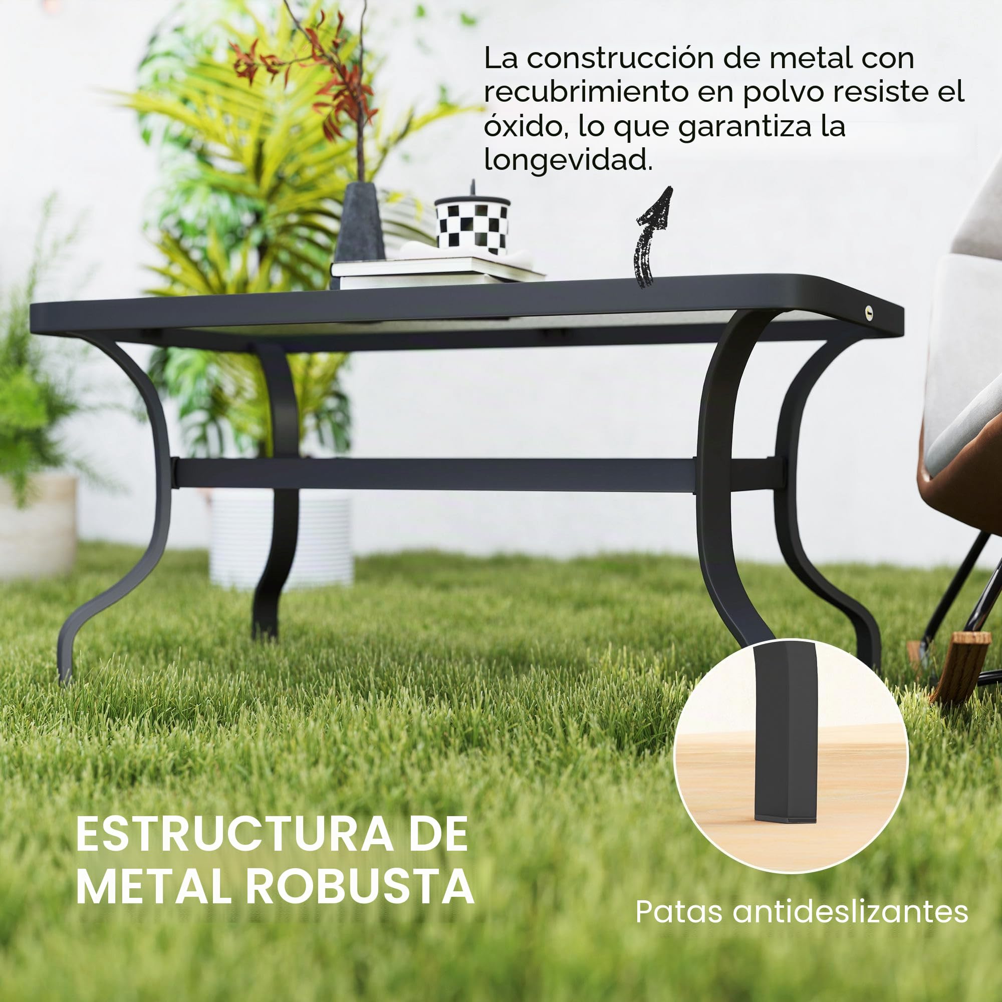 Outsunny - Mesa auxiliar de jardín rectangular con tapa de cristal templado para exterior, terraza, balcón, 95 x 55 x 46 cm, color negro