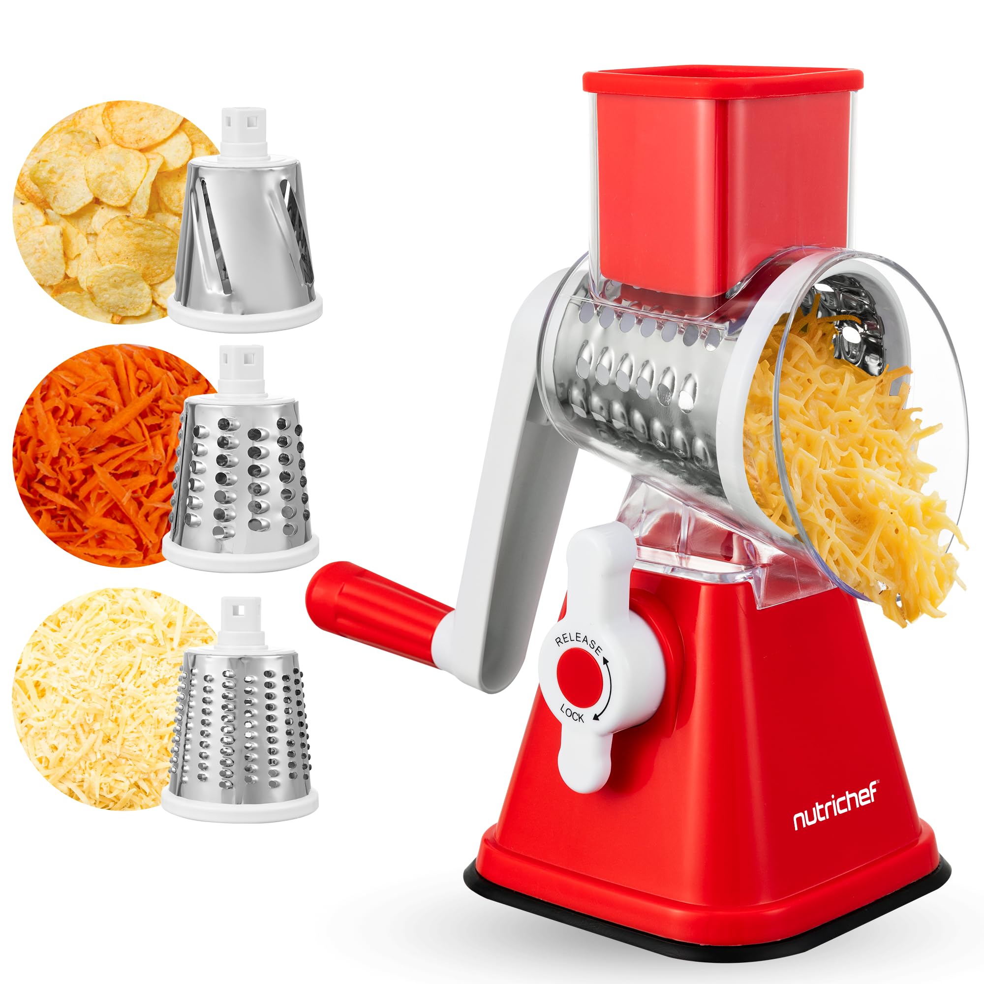 Nutrichef 3 in 1 Cheese Grater & Shredder | Strong Suction Base, Rotary Handle with Safety Lock | Includes Hand Crank & 3 Drum Blades for 3 Textures,