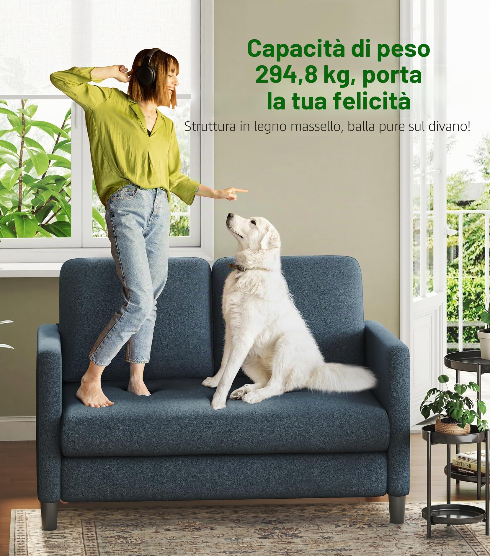 Divano a 2 posti, piccolo, 130 cm, piccolo divano per camera dei ragazzi, non necessita di attrezzi, mini divani, 2 divani e divani in legno massiccio, piccoli divani per soggiorno, blu grigio