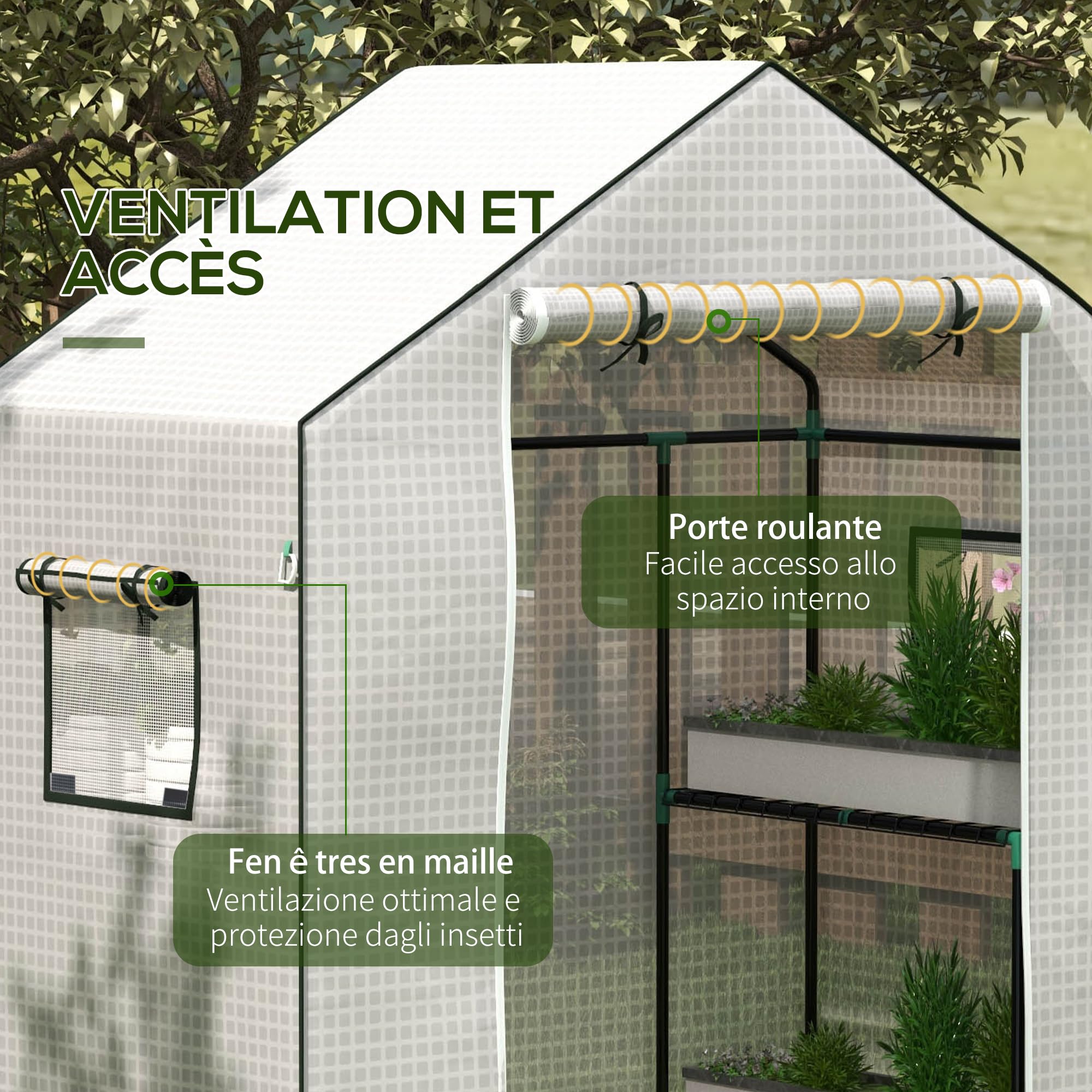 Outsunny PE broeikas, pop-up, balkonkas, versterkt zeil 140 g/m², stalen frame, oprolbare deur met ritssluiting, voor groenteplanten, bloemen, binnen en buiten, 208 x 208 x 195 cm, wit