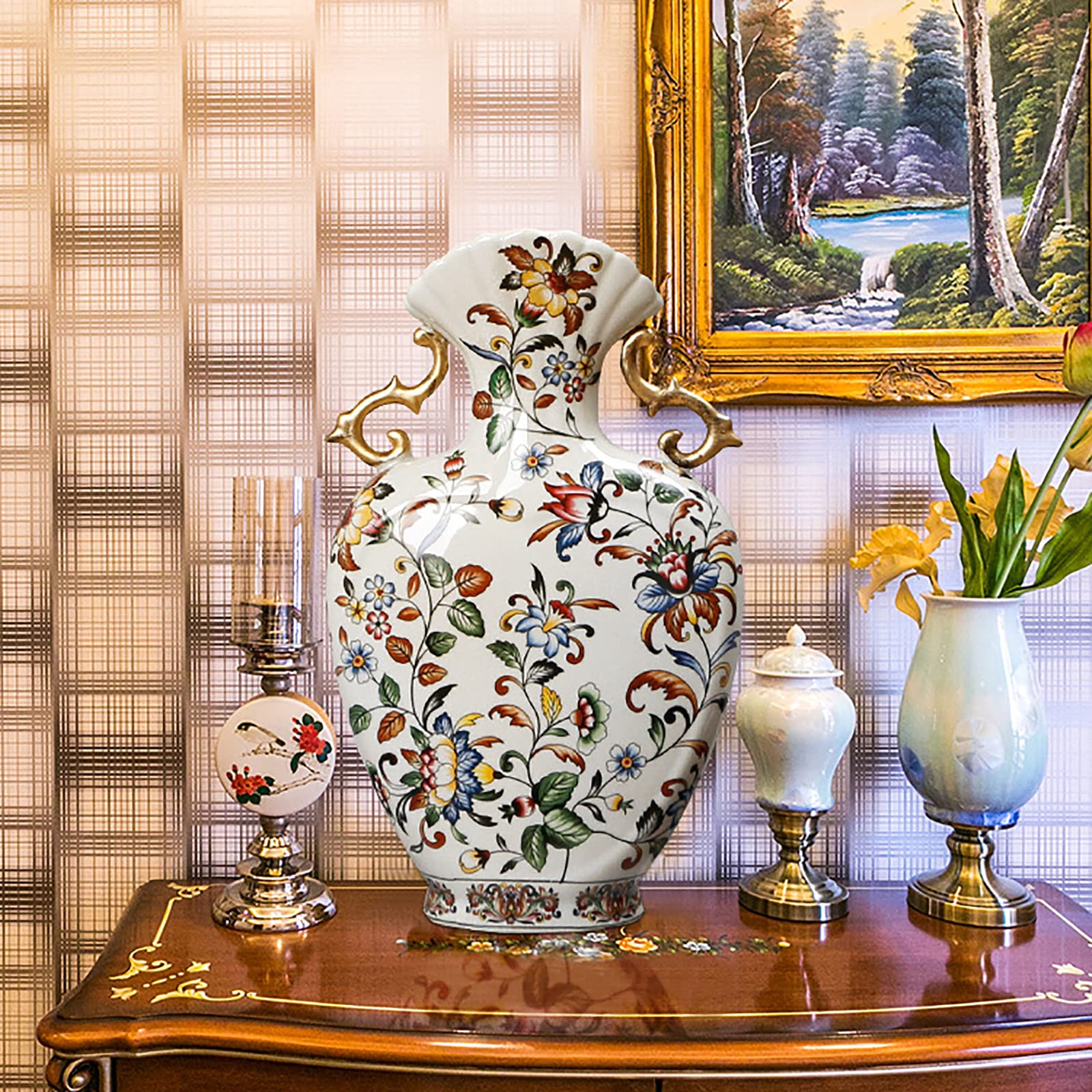 Vintage Handgeschilderde Chinoiserie Vaas Art Bloem Vaas Bloemen Vaas Keramische Vazen Voor Tafel Centerpieces Home Decor-Kleur hand getekend 36x23x8cm (14x9x3inch