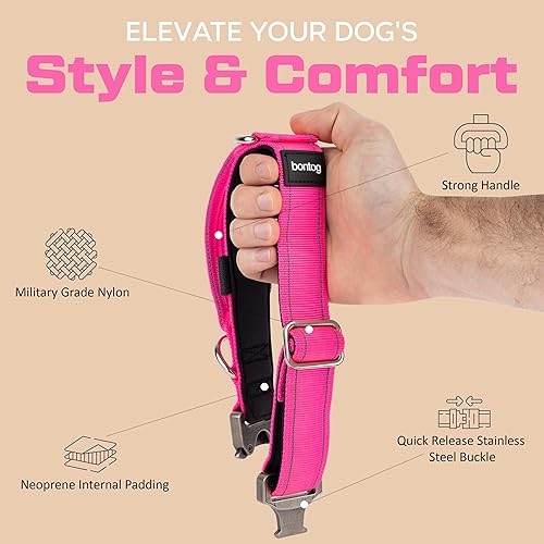 Miniatura 4 de Bontog Collar táctico para perros grandes con nailon acanalado de fuerza militar, mango de control, dos anillos en D, hebilla de metal de liberación